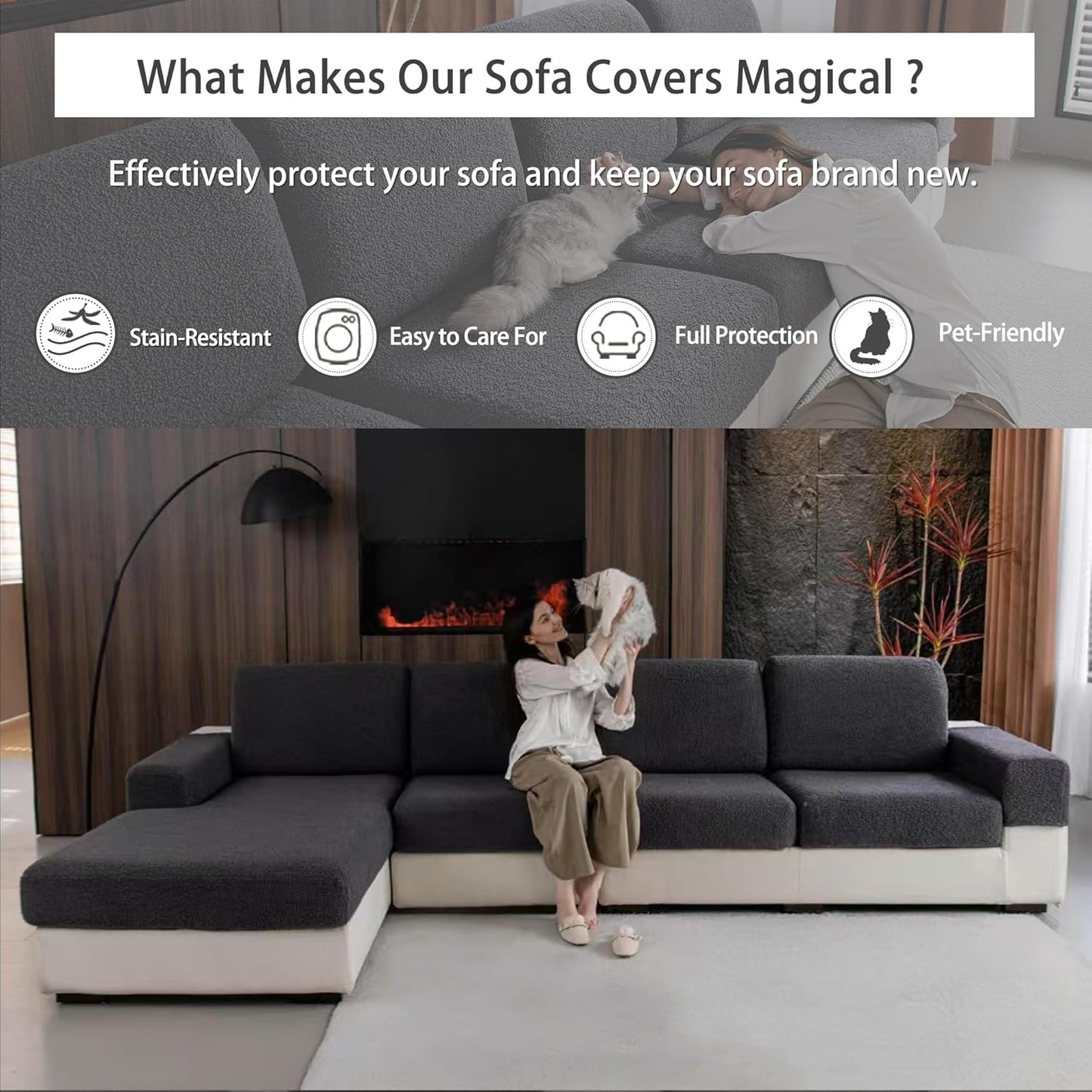 Couch Cushion Covers for Sectional Sofa, Stretch Soft Sofa Slipcovers Washable Wear-Resistant Universal Furniture Protector for Living Room(2 Seaters Covers+1 Chaise Cover, Dark Gray)