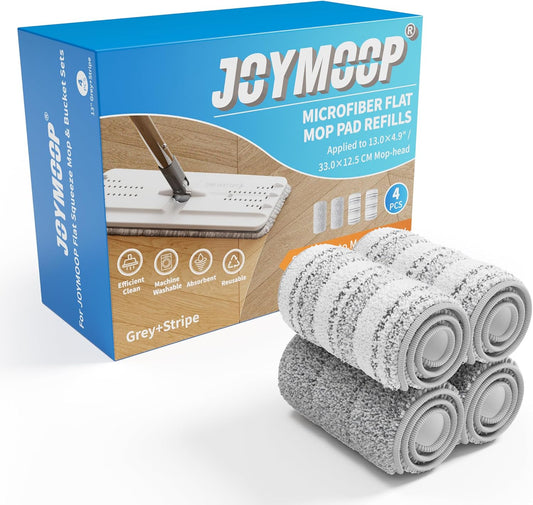 JOYMOOP Flat Mop Pads, Microfiber Mop Cleaning Pads, Washable Pads, Pads Replacement for JOYMOOP Flat Mop or Mop Bucket Set, Pack of 4 Refills 13inch - Grey and Stripe