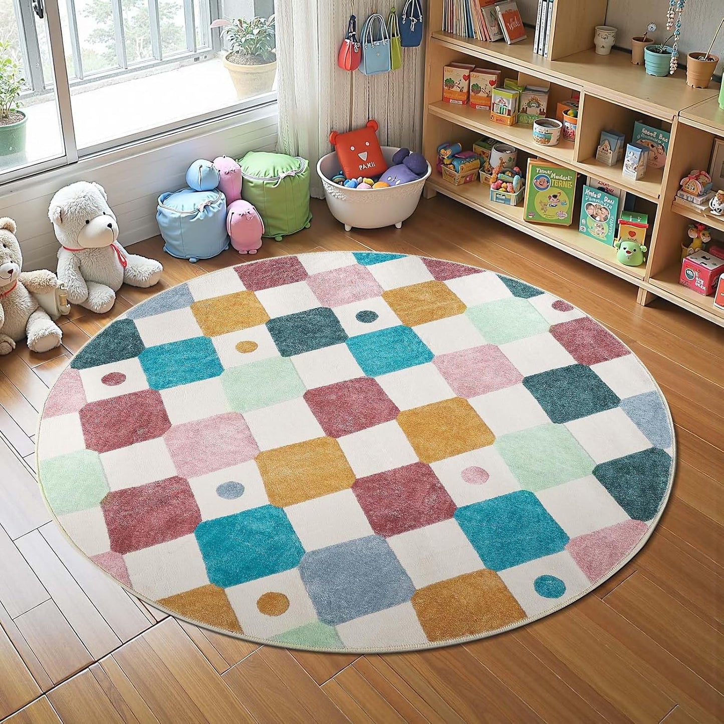 jinchan Round Rug 4ft Kids Washable Rug Indoor Floor Cover Non-Slip Soft Modern Elementary School Classroom Colorful Diamond Carpet for Nursery Daycare Bedroom Playroom Living Room Confetti on Cream