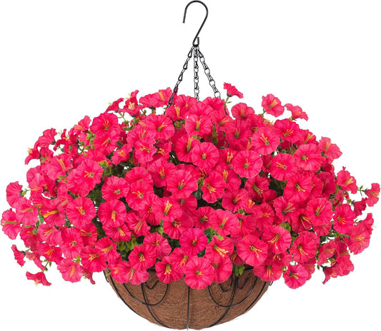 Artificial Faux Hanging Plants Flowers Basket for Outdoor Outside Spring Summer Decoration, Silk Morning Glory in Planter UV Resistant Look Real Fake Flower for Porch Patio Balcony Home Yard, Hot Pink