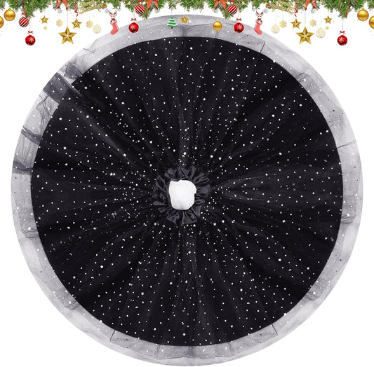 Christmas Wedding Tree Skirt,45 inch 4-Layer Fluffy Romantic Pleated Sparkly Halloween Skirt Decoration Xmas Tree Ornament for Holiday and Party(Black)
