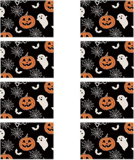 XCHI BOO Spooky Ghost Pumpkin Halloween Cloth Placemats Set of 8 Table Mats Table Decorations 12x18 Inch