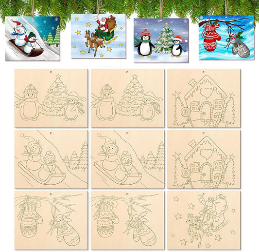 COCHIE 10 Pieces Large Christmas Unfinished Wood Crafts to Paint for Adults and Kids, Bulk Winter Predrilled Wooden Ornaments for Painting, Peppermint Candy House Paintable Wood Slices Craft Supplies