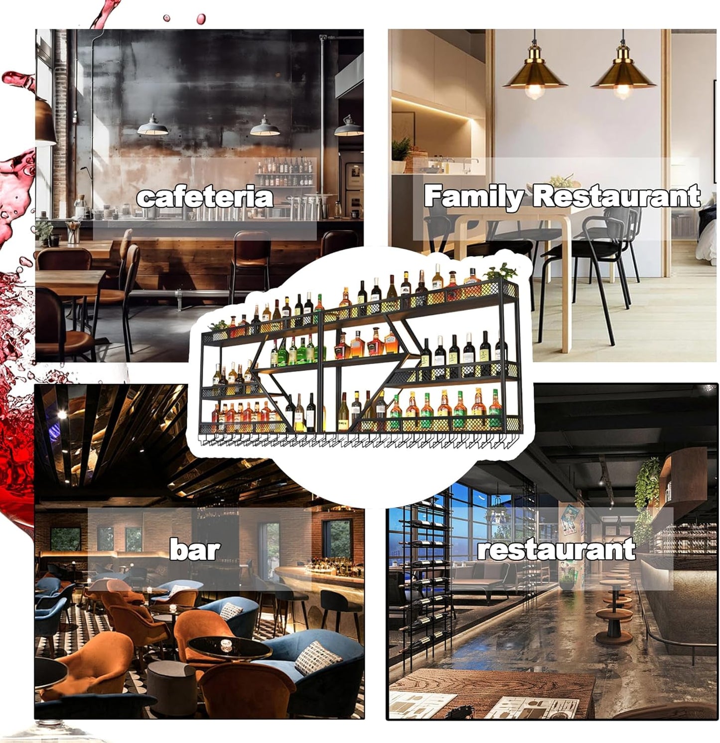 Wall Mounted Wine Rack with Glass Holder, 3-Tier Metal Storage Shelf, Black Diamond Design, Wine Bottle Display with Stemware Storage (Black, 47.24in/Right)