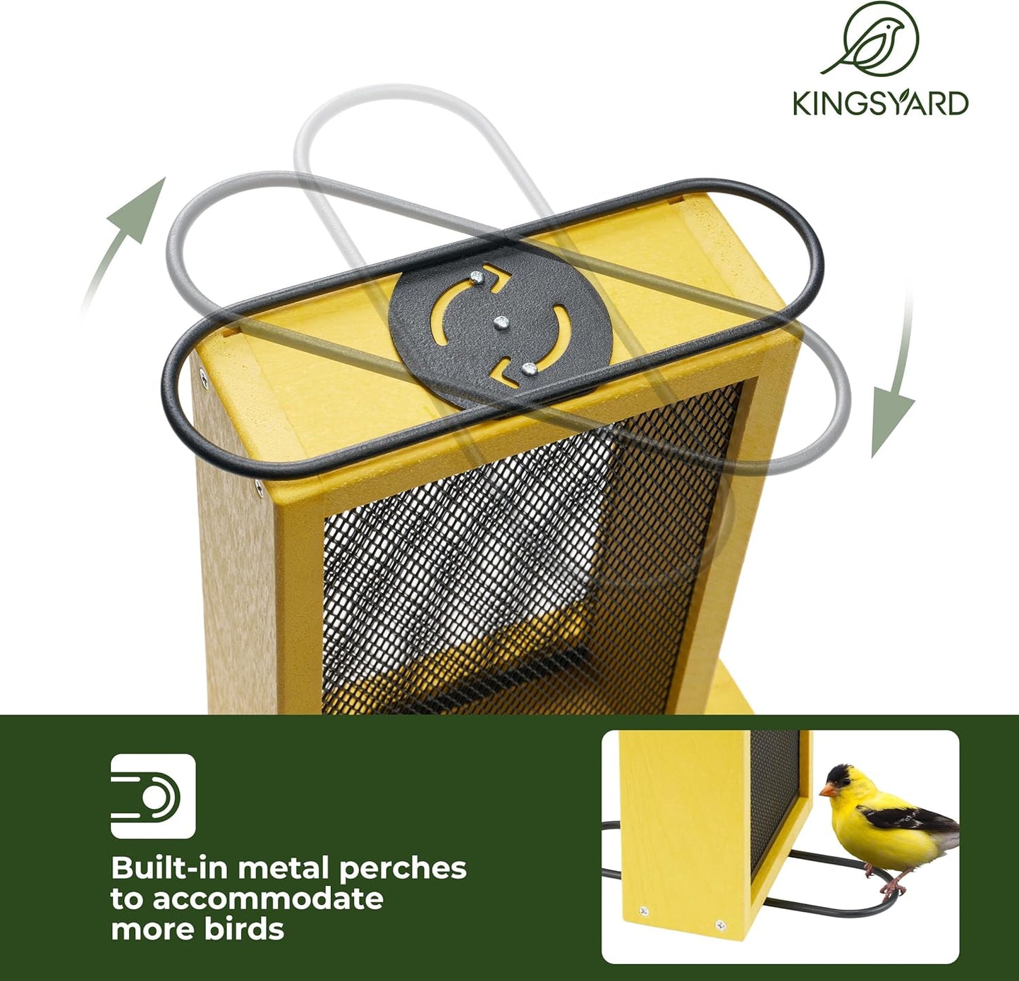 Kingsyard Metal Mesh Bird Feeder for Outdoors Hanging, Finch Feeder for Nyjer/Thistle, Sliding Mesh & Built-in Perch, Recycled Plastic, Yellow