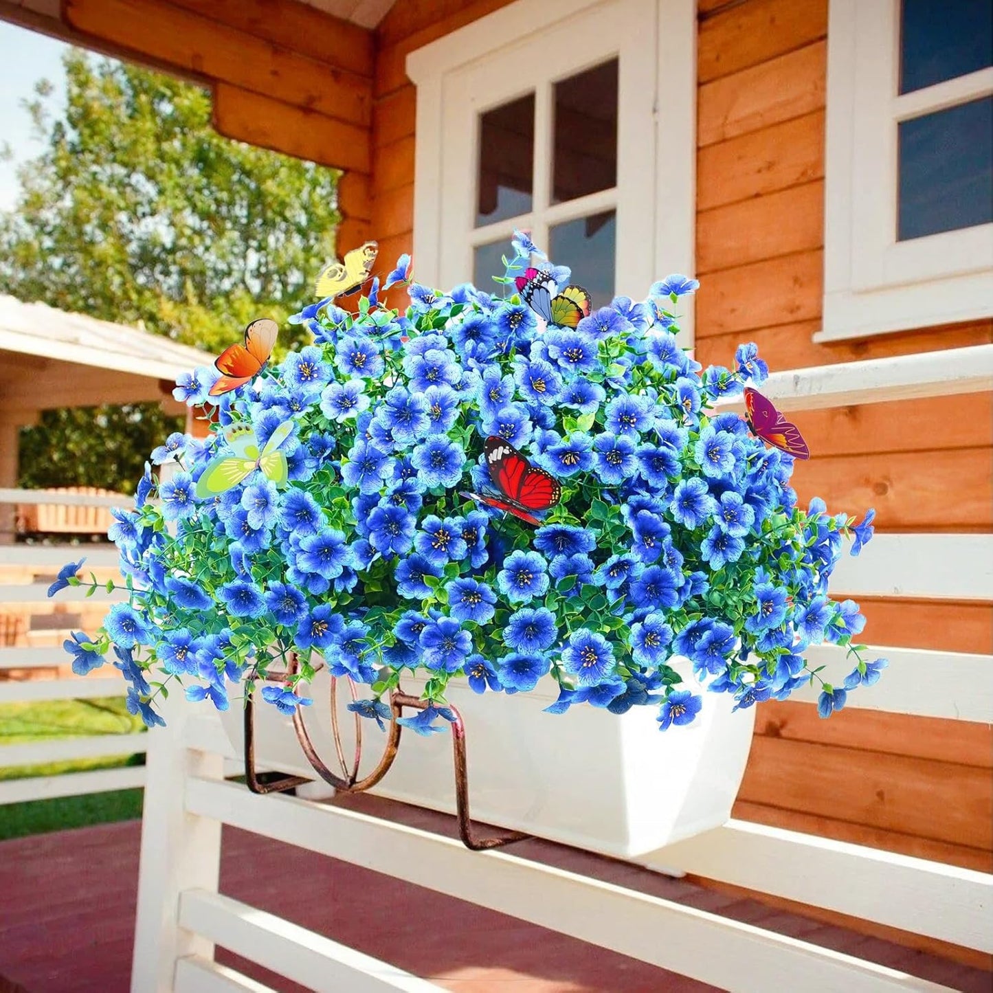 ‌20 Bundles Artificial Flowers for Outdoors‌ with 6 Faux Butterflies, UV Resistant ‌Fake Flowers‌ with Eucalyptus Leaves, ‌Artificial Plants Outdoor‌ for Patio Garden Porch Home Decor (Blue)