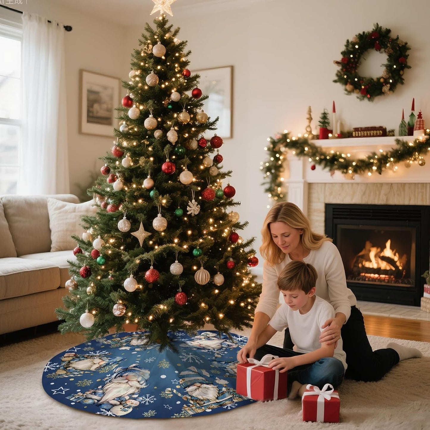 Blue Gnomes Christmas Tree Skirt Gnomes Snowflaks Christmas Decorations House Decor Winter Holiday Party Xmas Tree Skirt 36 inches