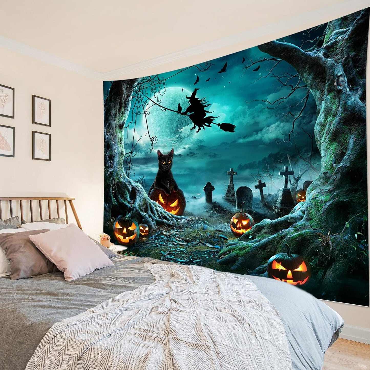 LB Halloween Pumpkin Tapestry Creepy Black Cat Witch Dead Tree in Spooky Graveyard Full Moon Night Halloween Wall Hanging for Bedroom Living Room Dorm Holiday Party Decor 48x36 Inch