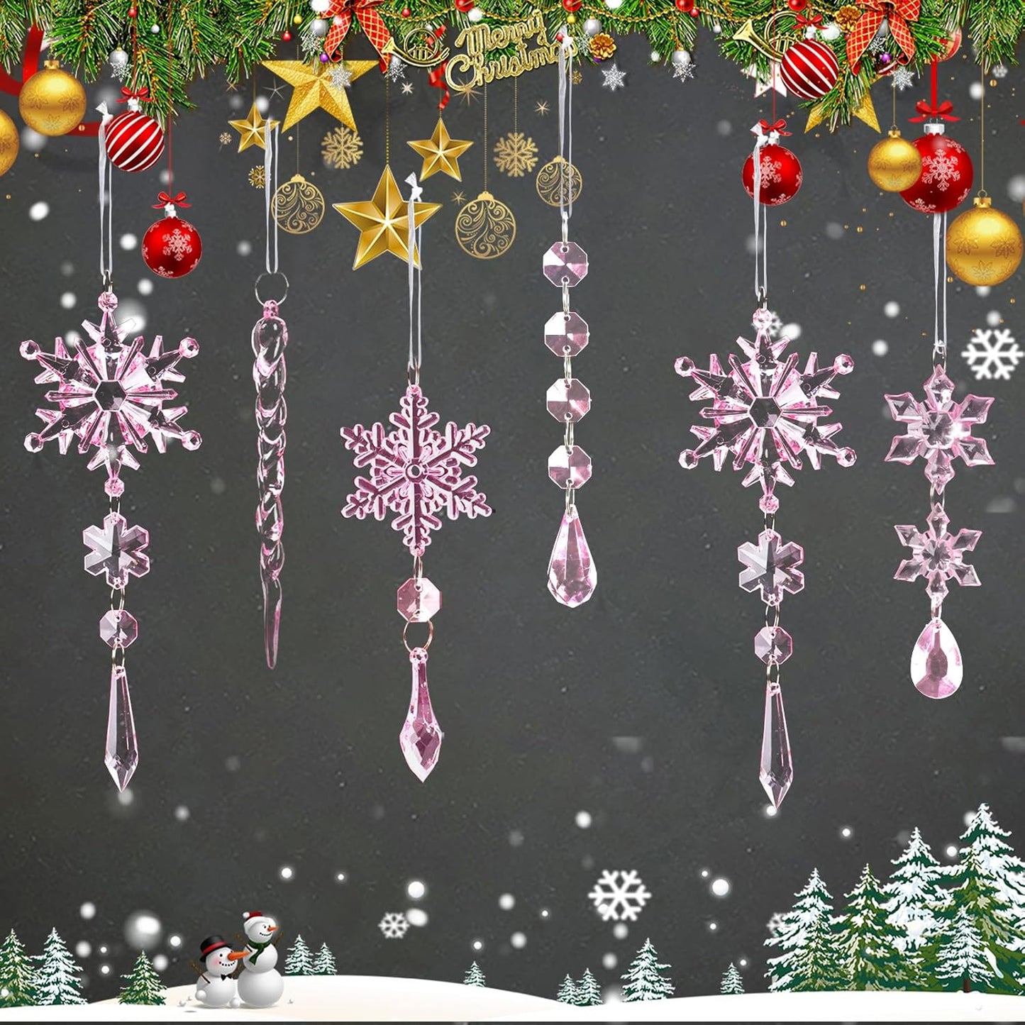 32pcs Crystal Christmas Ornaments for Christmas Tree Decorations-Pink Hanging Acrylic Snowflake and Icicle Ornaments with Drop Pendants for Xmas Winter Wonderland New Year Party Decorations Supplies