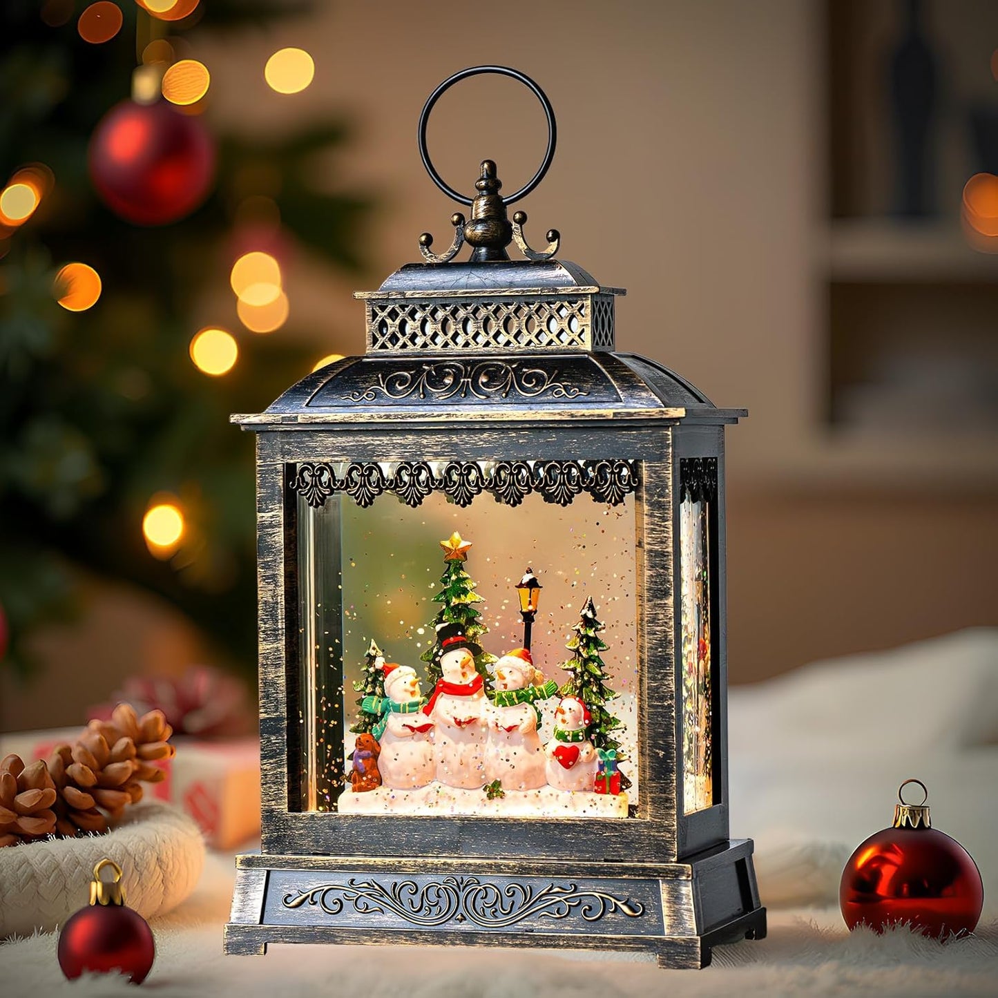 Christmas Snow Globes Lantern Christmas Snow Globe with Music Snowman Poetry,6H Timer,USB Lined/Battery Operated Lighted Lantern for Christmas Festival Decoration Gifts