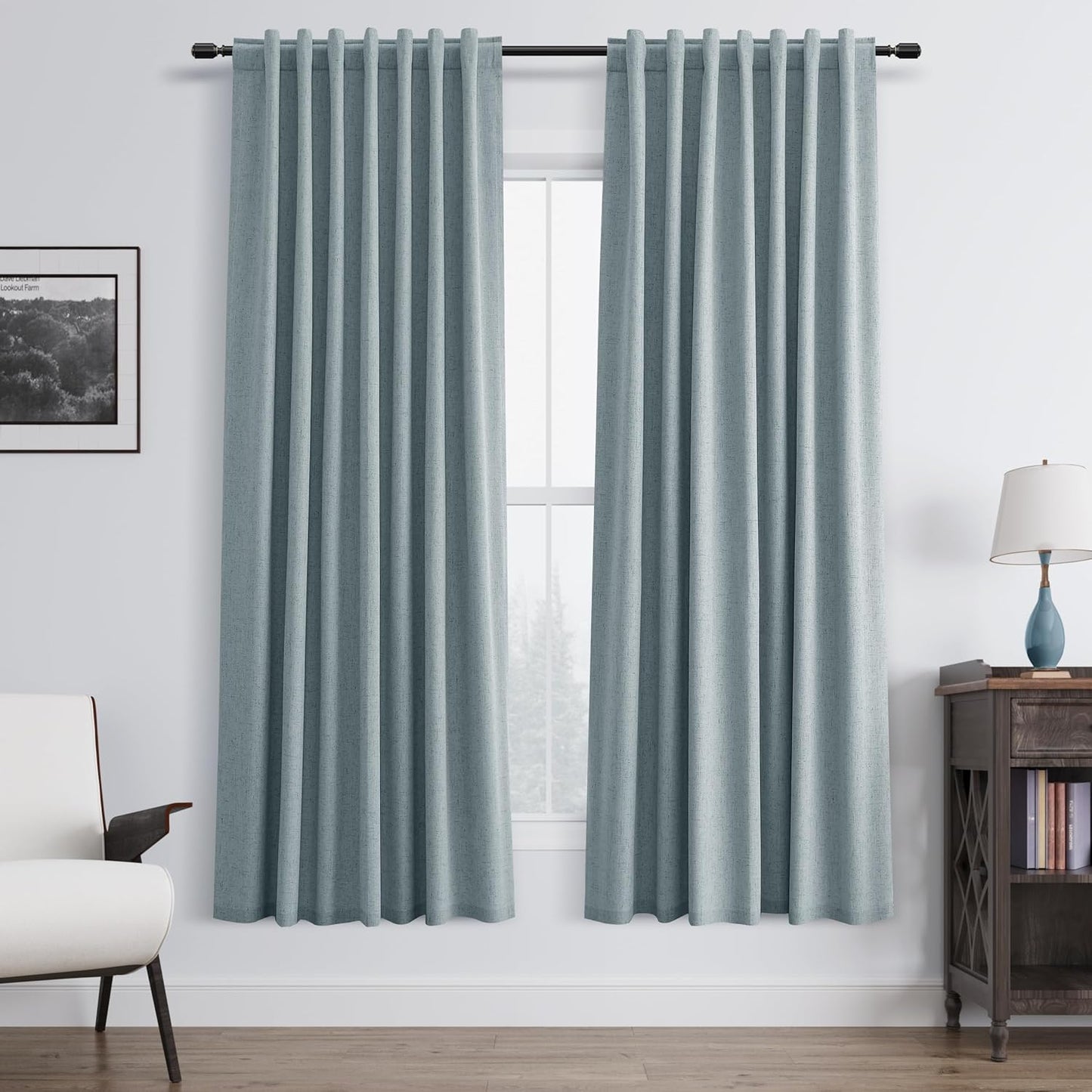 BOODII Linen Blackout Curtains for Bedroom 72 Inch Length 2 Panels Set Room Darkening Curtains Stone Blue Black Out Curtain Neutral Thermal Insulated Living Room Nursery Drapes Back Tab 52x72