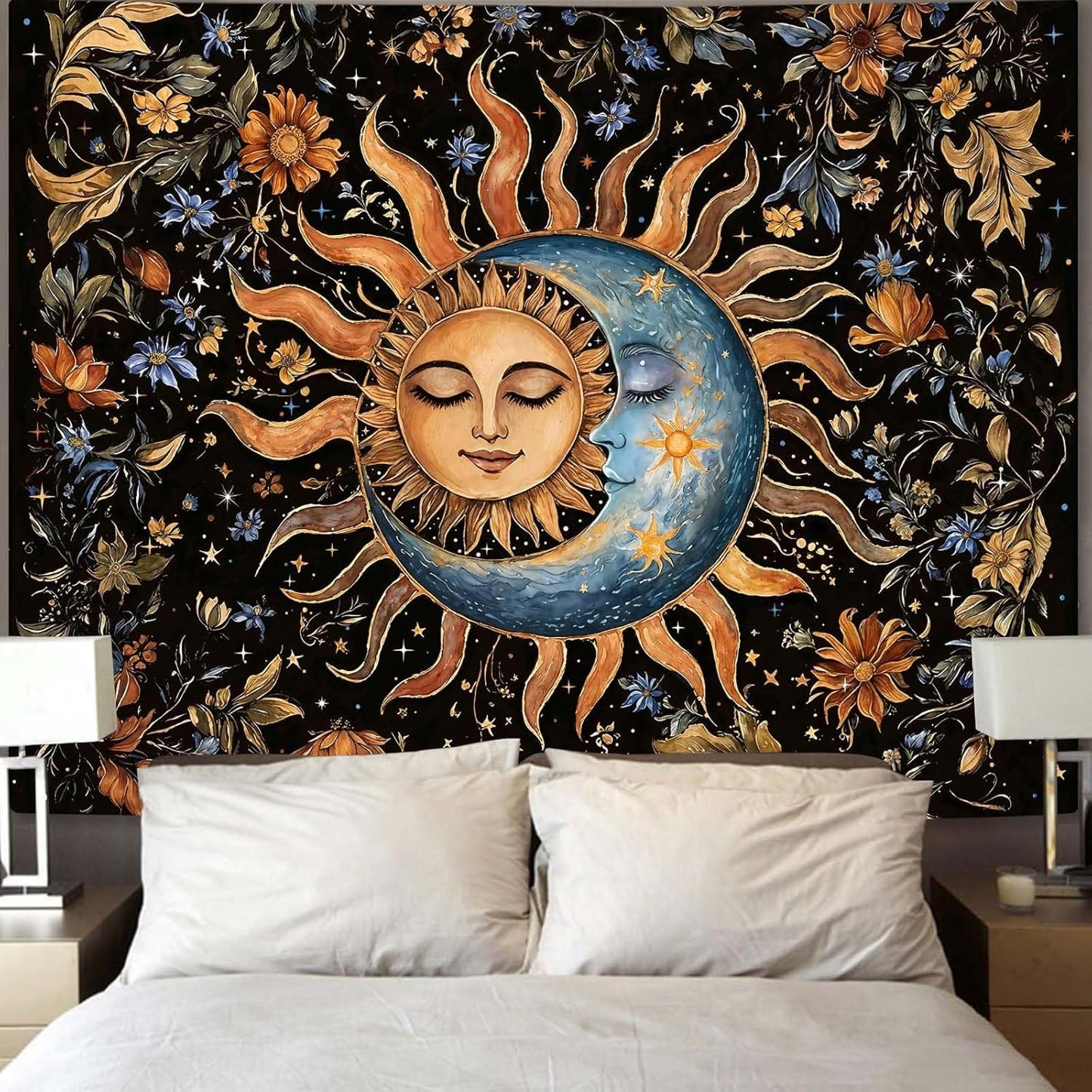 Aipon Sun and Moon Tapestry for Bedroom Boho Vintage Floral Hippie Wall Tapestry Aesthetic Retro Flower Plant Small Tapestries Wall Hanging for Living Room Dorm Decor 48 x 36 Inch