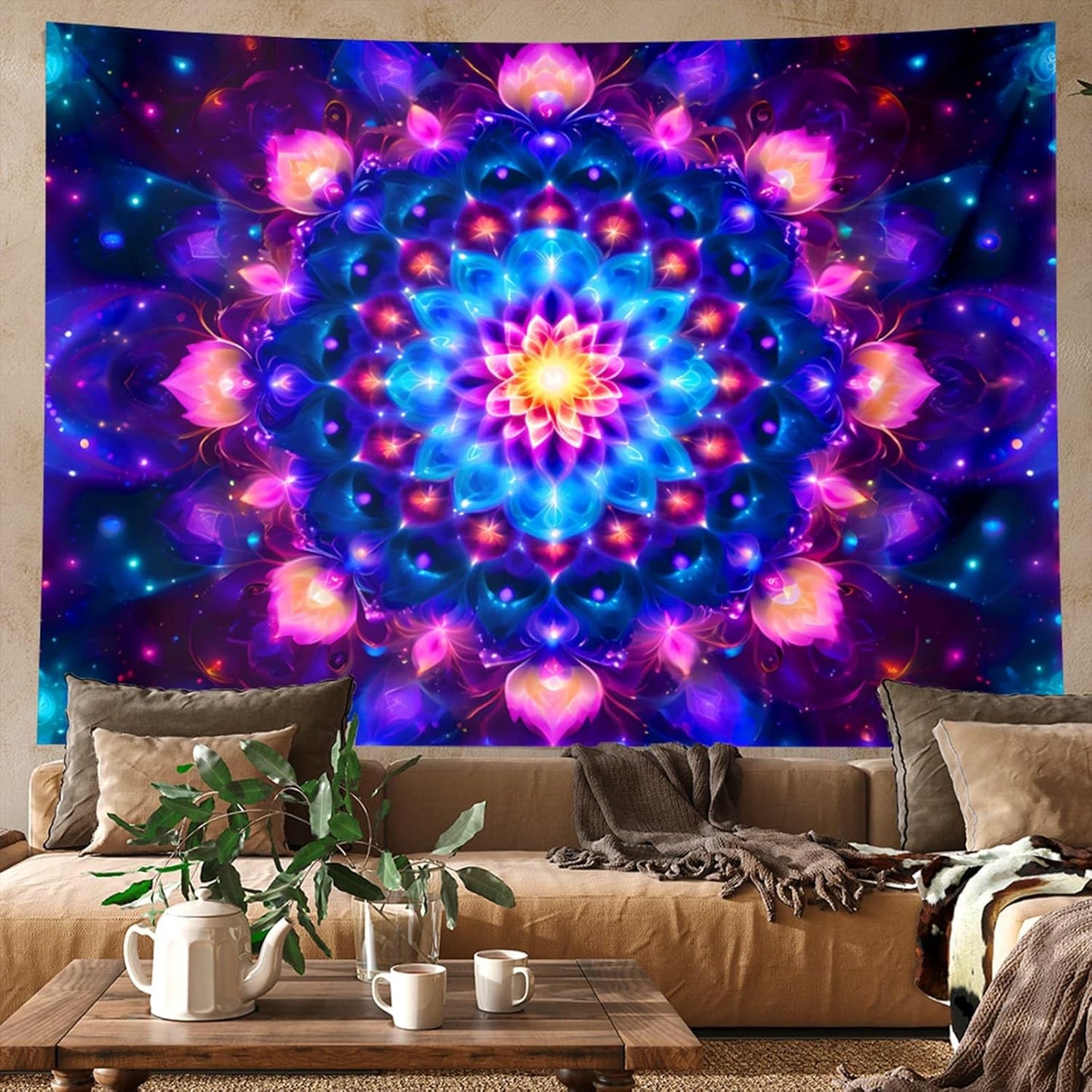 PSYHILAR Blacklight Mandala Tapestry for Bedroom, Psychedelic Black Light Posters for Adults and Teens, Colorful UV Reactive Aesthetic Bohemian Art Wall Hanging Decor (80 x 60 Inches)