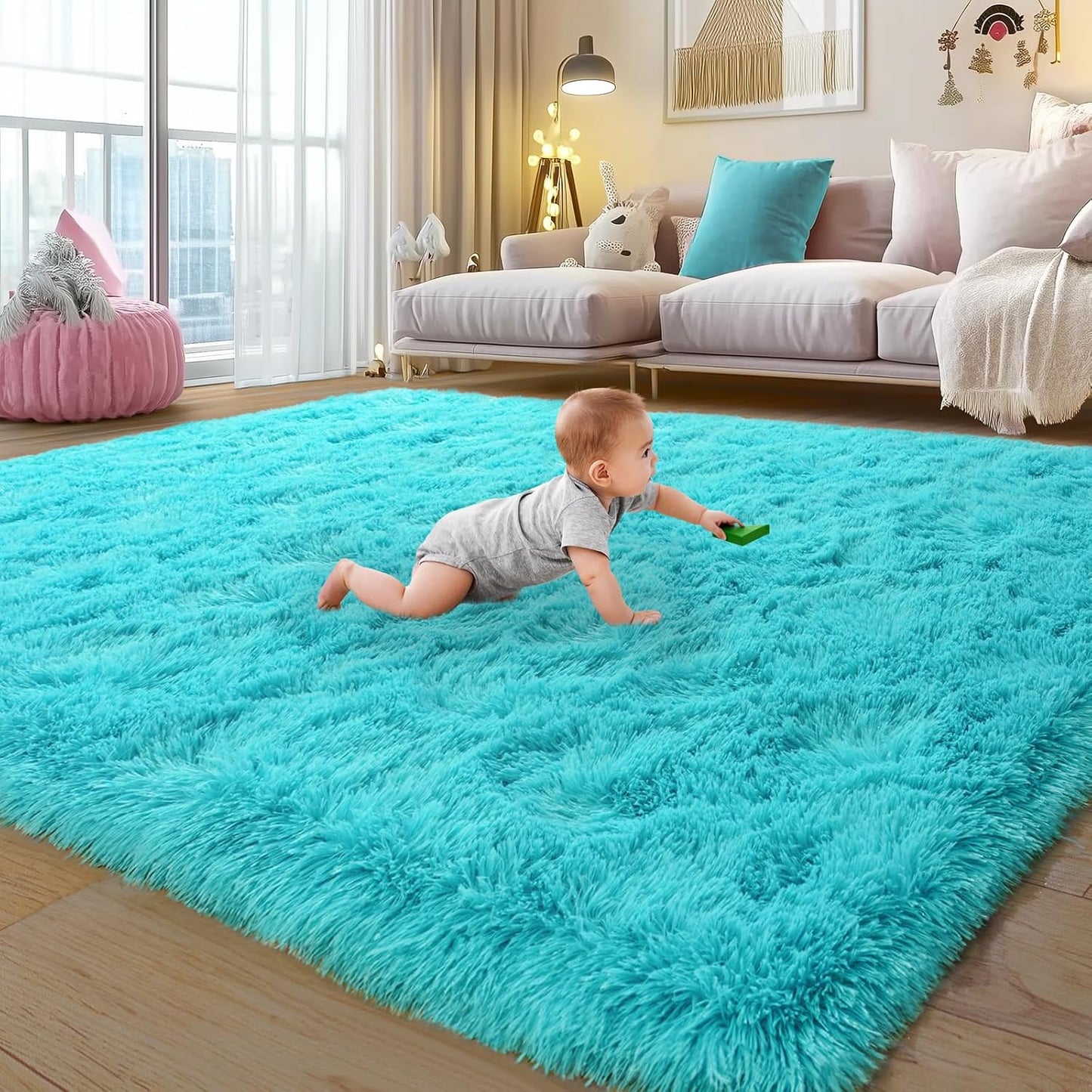 Rezutan Soft Fluffy Rug for Living Room Bedroom, Large Comfy Modern Shaggy Fuzzy for Plush Indoor Nursery Classroom Home Decor Bedside Rug with Non-Slip Bottom, Teal Blue, 5X7 Feet