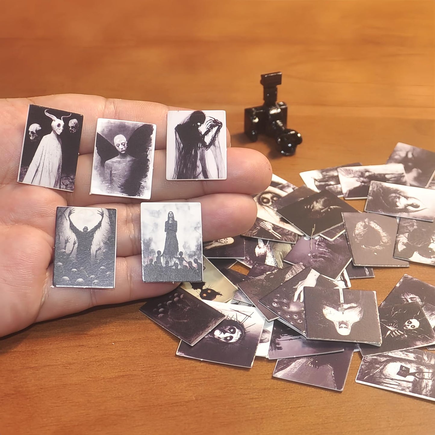 69Pcs Miniature Horror Diorama Set: Mini Black,DSLR Camera Prop, Gothic Posters & Abstract Art for 1:6 Scale Dollhouses - Creepy Display Decor for Adults