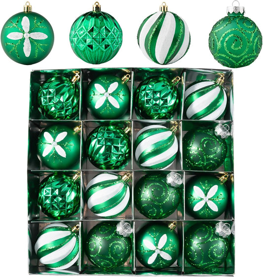 16Pcs Christmas Ball Ornaments Set, 3.15" Shatterproof Christmas Ornaments, Luxury Glitter Hanging Ornaments for Xmas Tree, Xmas Holiday, Party, Wedding (Green)