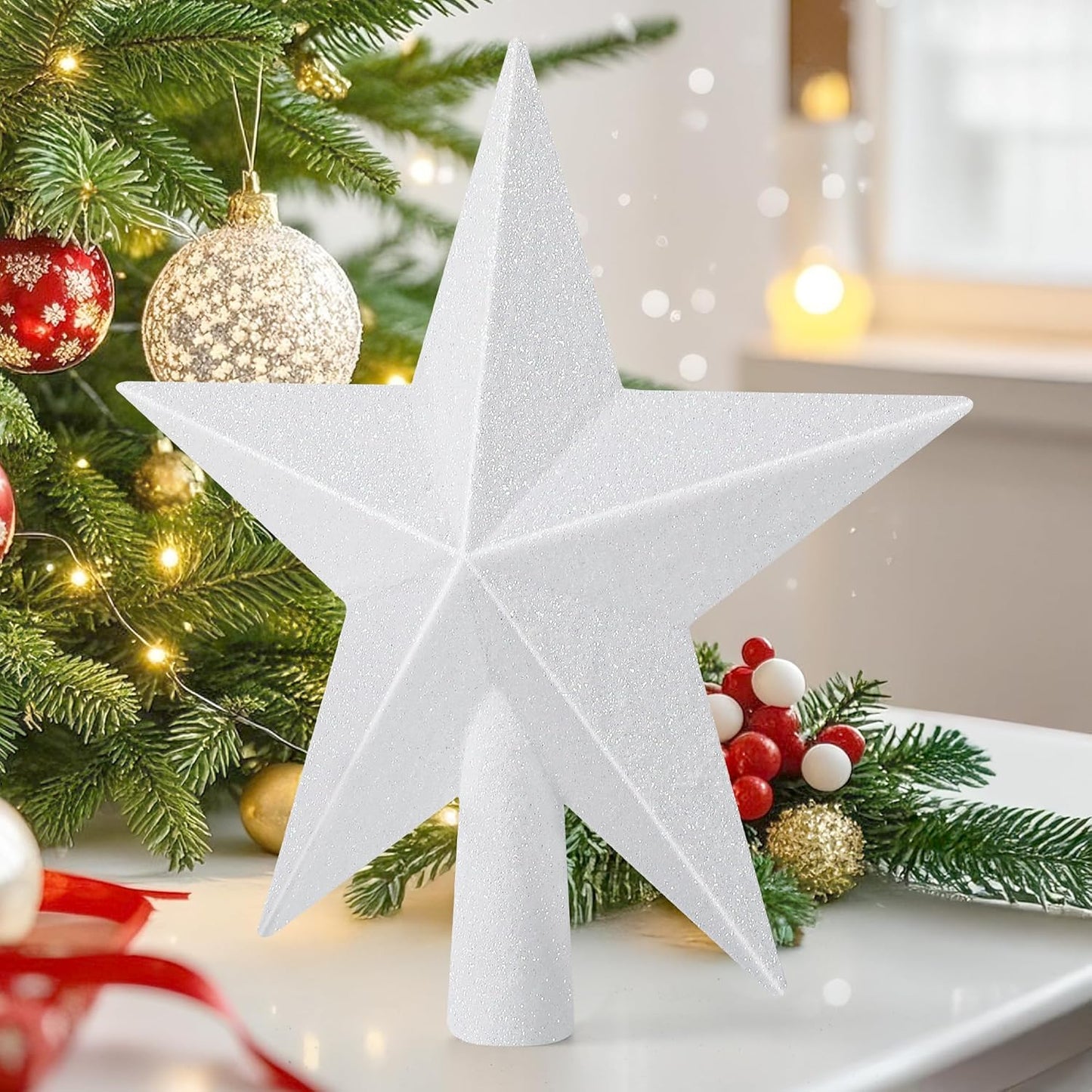 Star Tree Topper, 8" White Christmas Tee Topper Decorations, Glitter 3D Xmas Bethlehem Star Waterproof Shatter-Proof, Christmas Tree Topper Ornament Decor for Christmas Holiday Party Indoor Outdoor