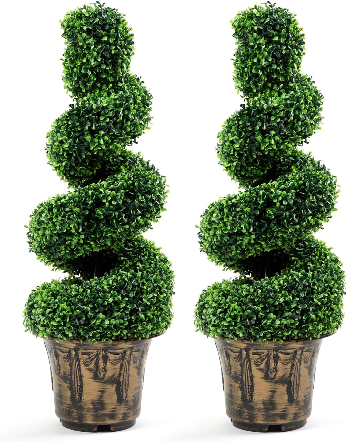 2-Pack Faux Boxwood Spiral Topiary Trees - 3ft Tall - Planter Included - Artificial Plants for Indoors or Outdoors - Realistic Dense Green Leaves with UV and Weather Protection