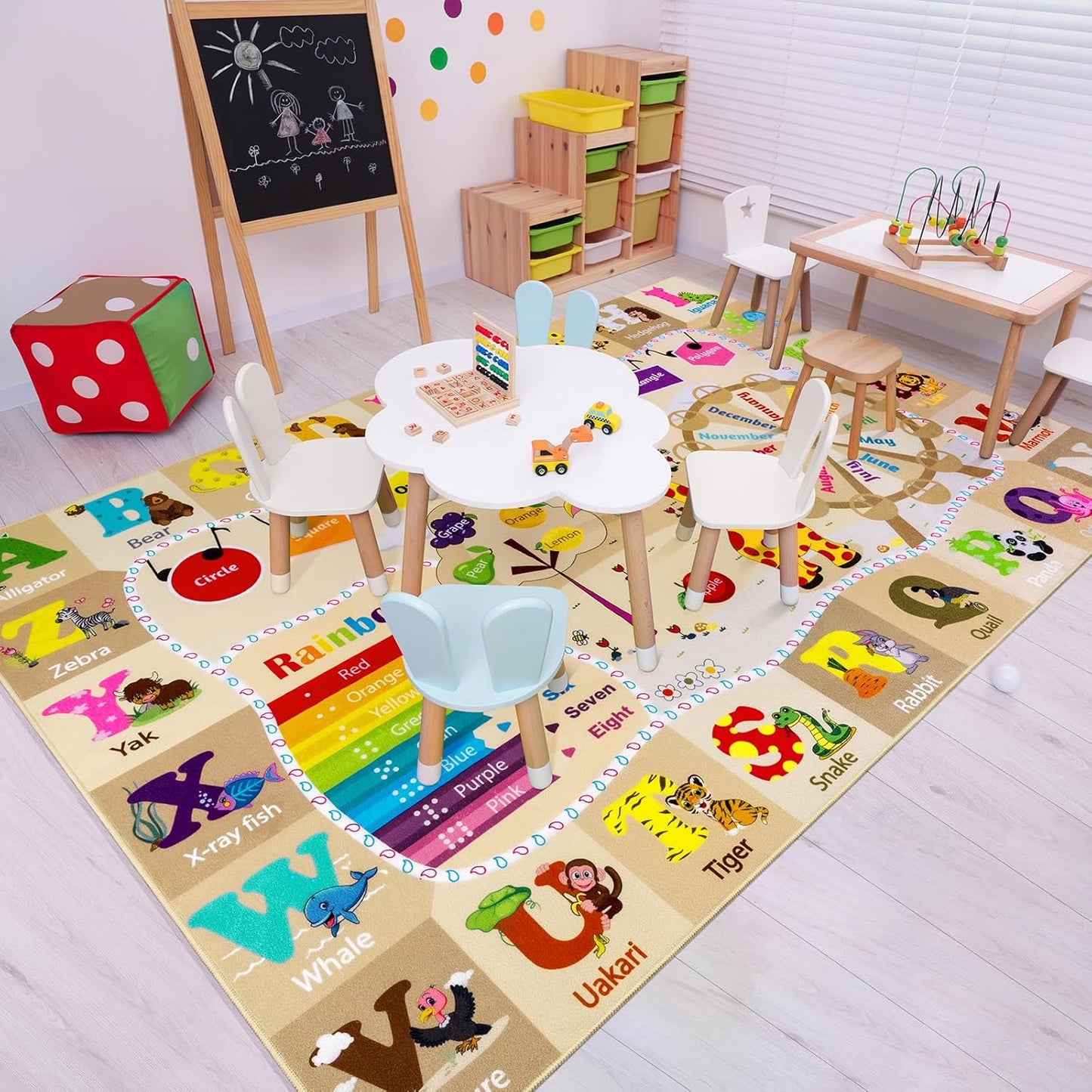 4x6 Playroom Rugs for Kids Washable, Educational and Fun Playmat with ABC Alphabet Animals Shapes Colors, Non-Slip Play Mat Learning Rugs for Baby Toddler Children Game Activity, Beige