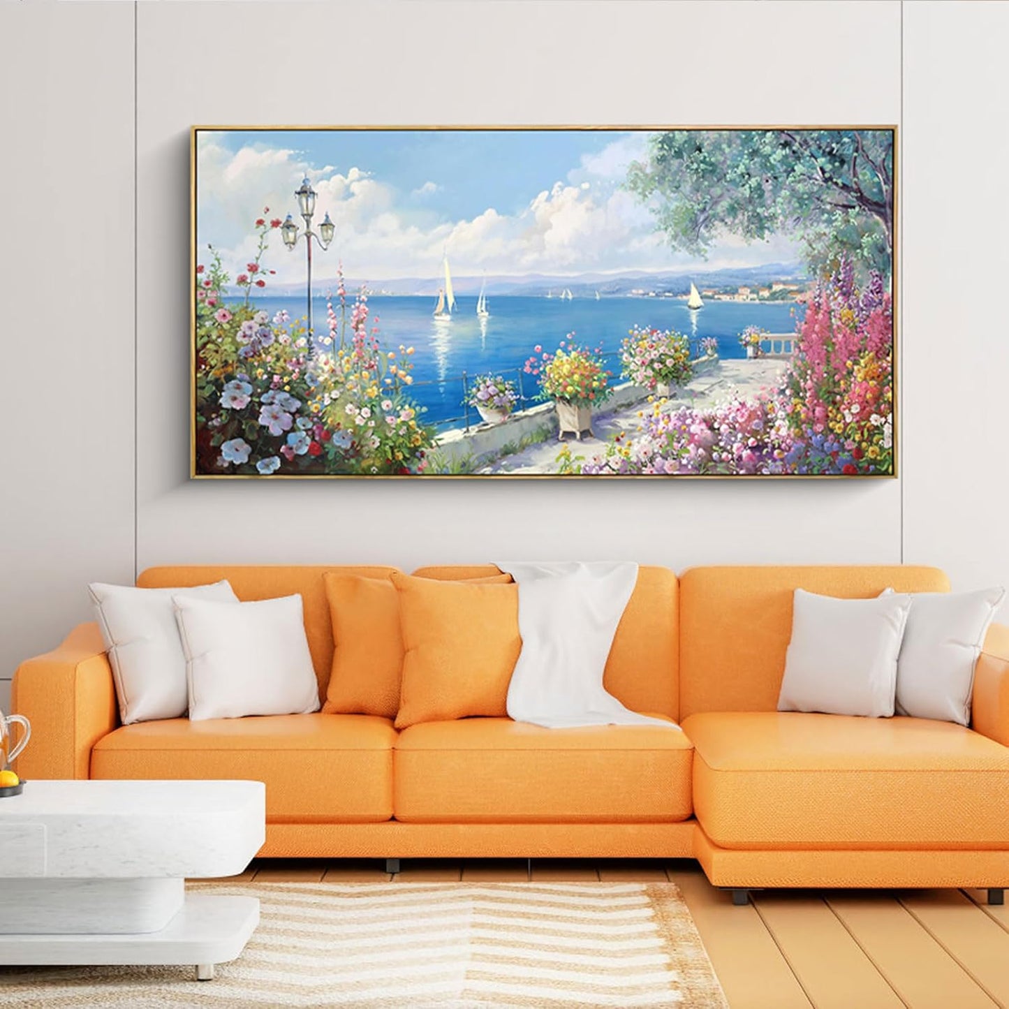 XLSJERST Large Coastal Wall Art - Ocean Seascape Canvas Yellow Green Flowers Painting Landscape Sailboat Picture Artwork Modern Large Framed for Living Room Bedroom Home Office Decor 24x48