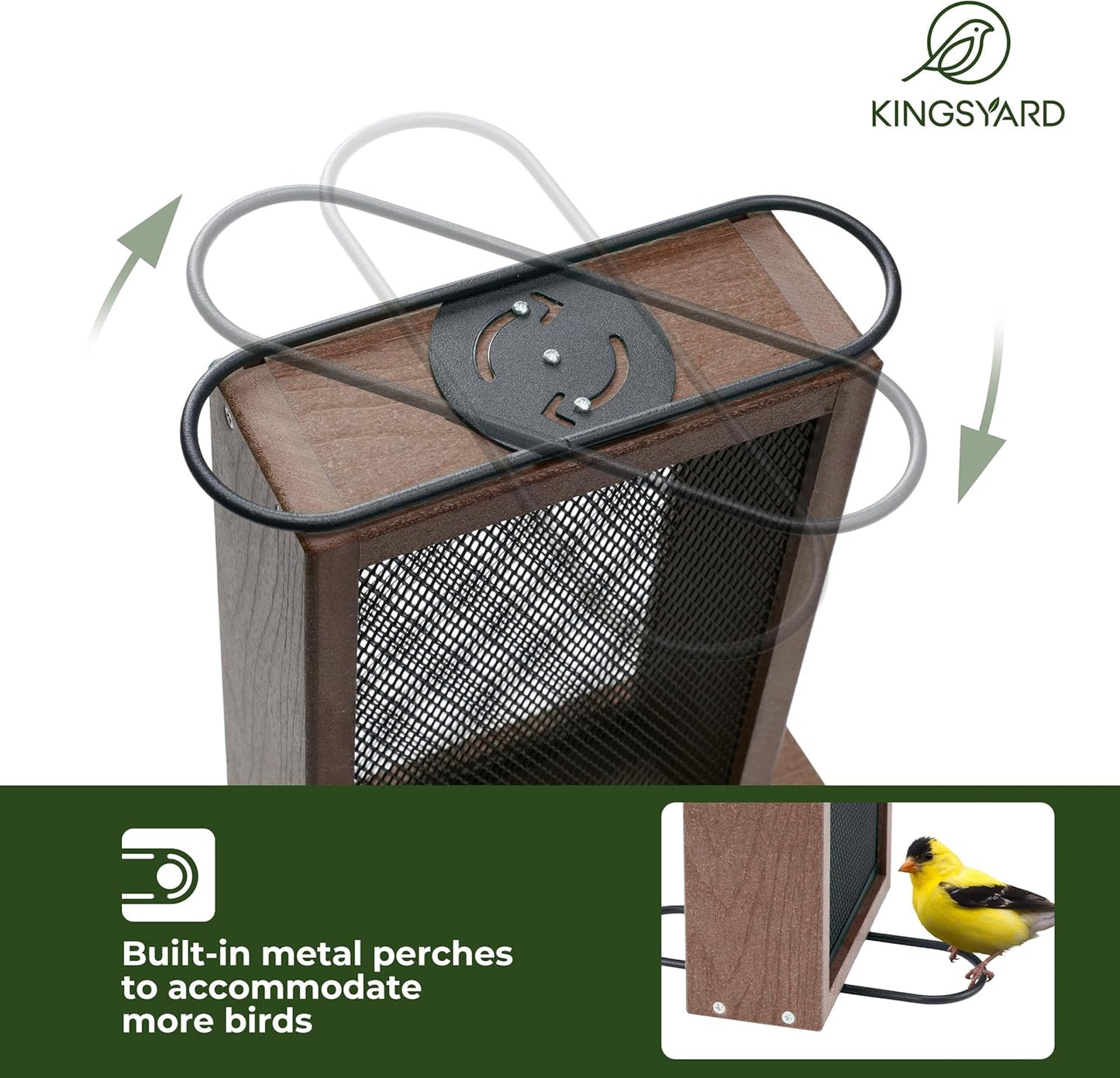 Kingsyard Metal Mesh Bird Feeder for Outdoors Hanging, Finch Feeder for Nyjer/Thistle, Sliding Mesh & Built-in Perch, Recycled Plastic, Brown