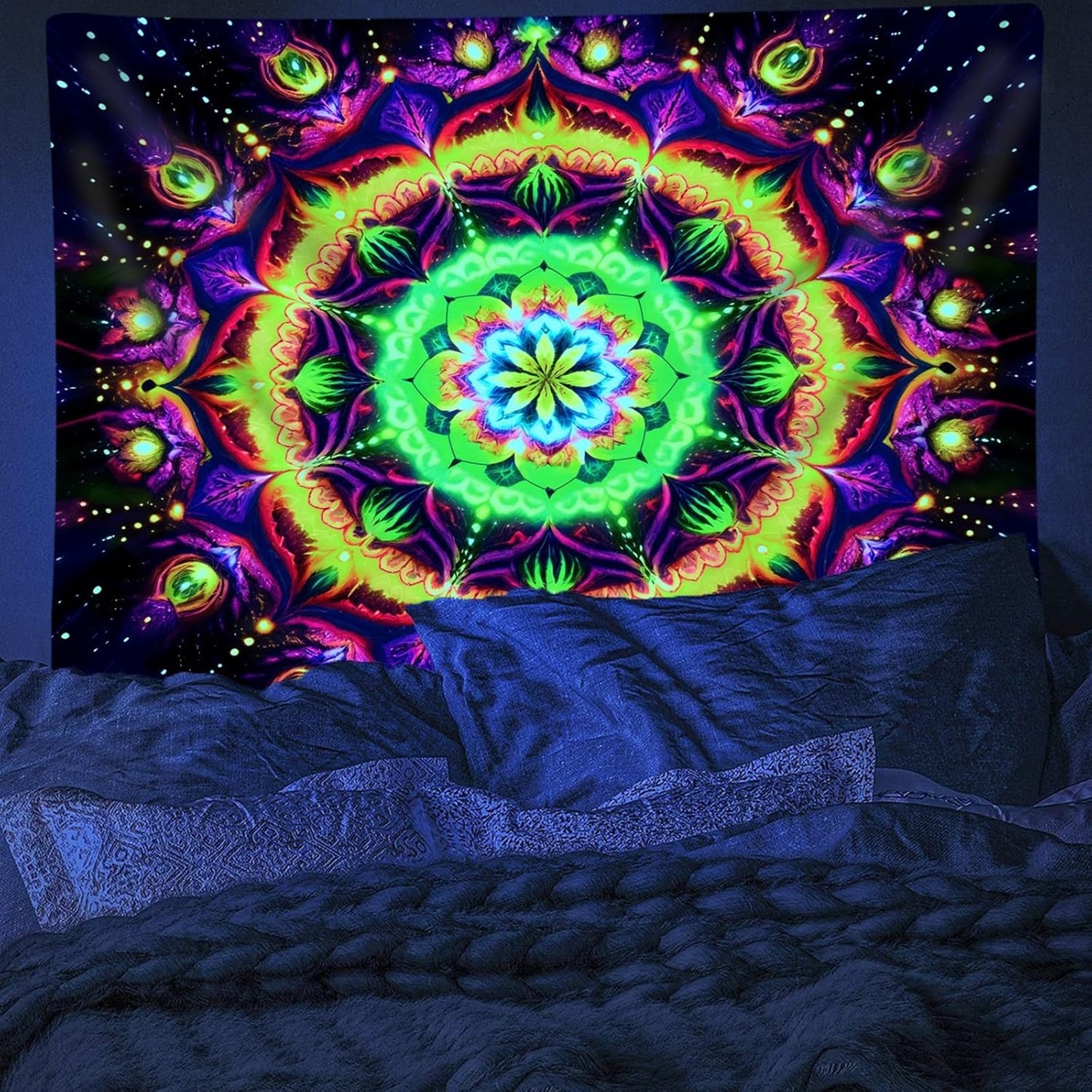 Blacklight Mandala Tapestry for Bedroom, Psychedelic Flower Black Light Posters for Adults and Teens, UV Reactive Aesthetic Bohemian Art Wall Hanging Decor Golden and Green (90 x 70 Inches)