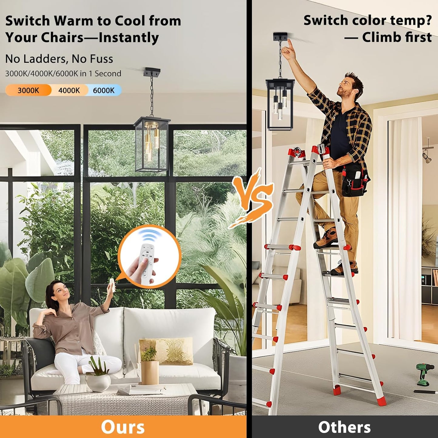 3-Color LED Outdoor Pendant Light with Remote, 3-Light 19" Large Outdoor Chandelier for Porch, Black Gold Exterior Pendant Lighting Fixtures Ceiling Mount Pendant Lantern for Patio Front Door