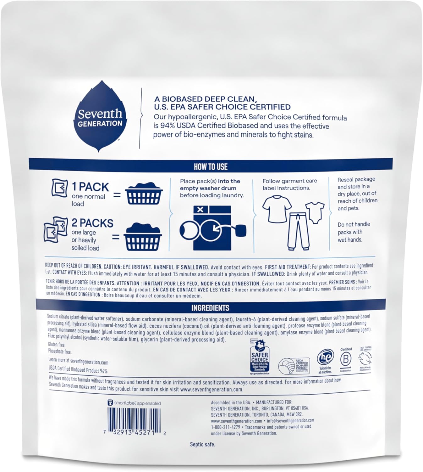 Seventh Generation Laundry Detergent Packs, Free & Clear, Made for Sensitive Skin, EPA Safer Choice Certified, 64 Count