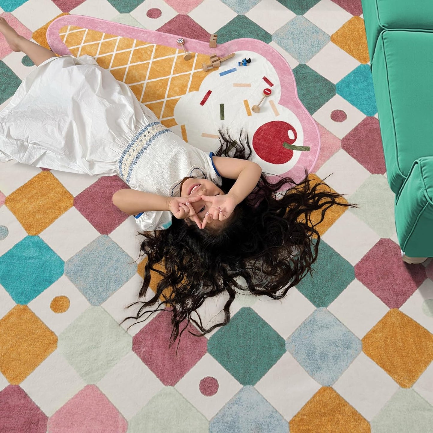 jinchan Area Rug 5x7 Kids Washable Indoor Floor Cover Non-Slip Modern Soft Rug Elementary School Classroom Colorful Diamond Carpet for Nursery Playroom Daycare Bedroom Living Room Confetti on Cream