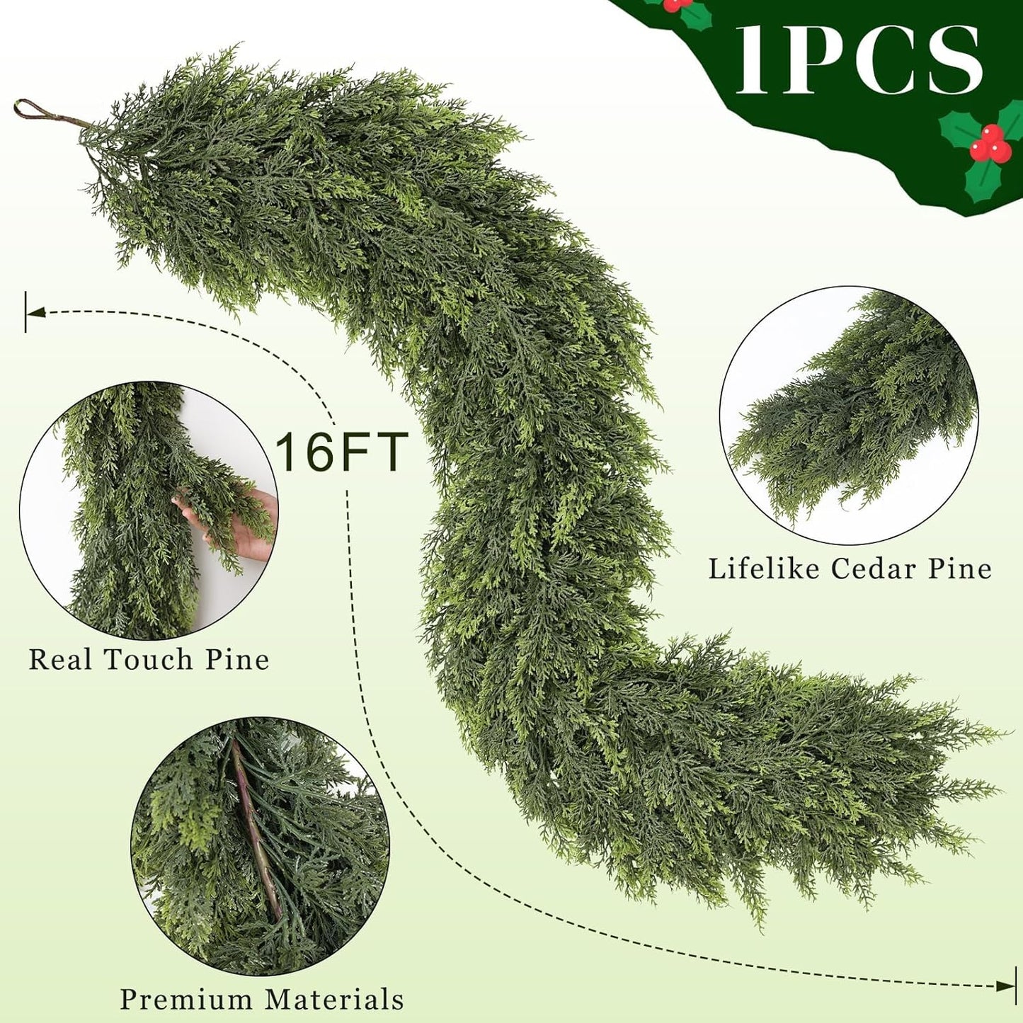 Real Touch Christmas Cedar Garland -16ft Artificial Garlands Faux Cedar Fake Pine Needles Garland for Fireplace,Table,Window,Stairs,Mante,Holiday Indoor Outdoor Xmas Decor(1PCS)