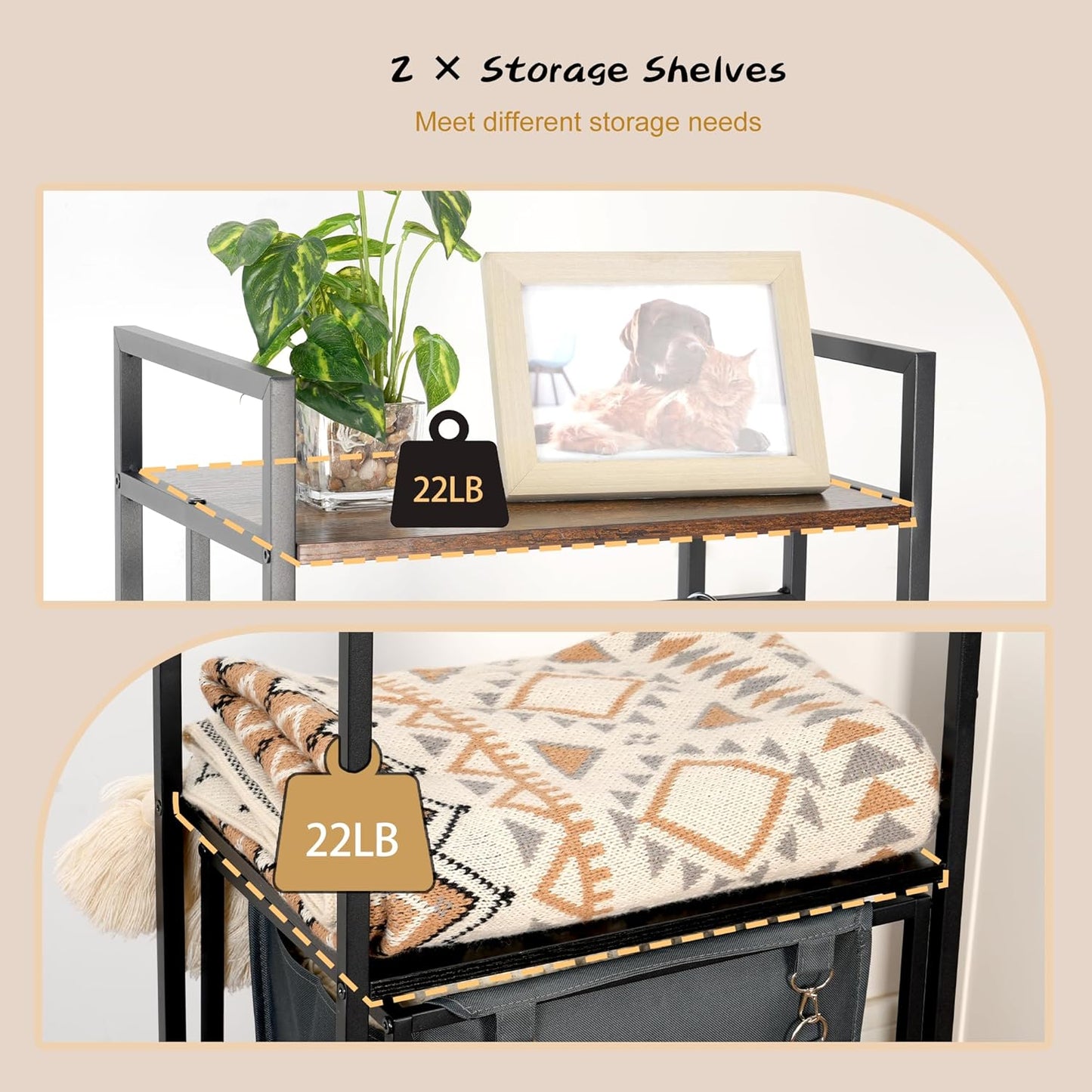 Coat Rack with Laundry Basket, Laundry Hamper Freestanding Hall Tree, Clothes Rack with Storage Shelves, 14.5 Gal Removable Bags on Wheels, Black and Brown JLH005SR