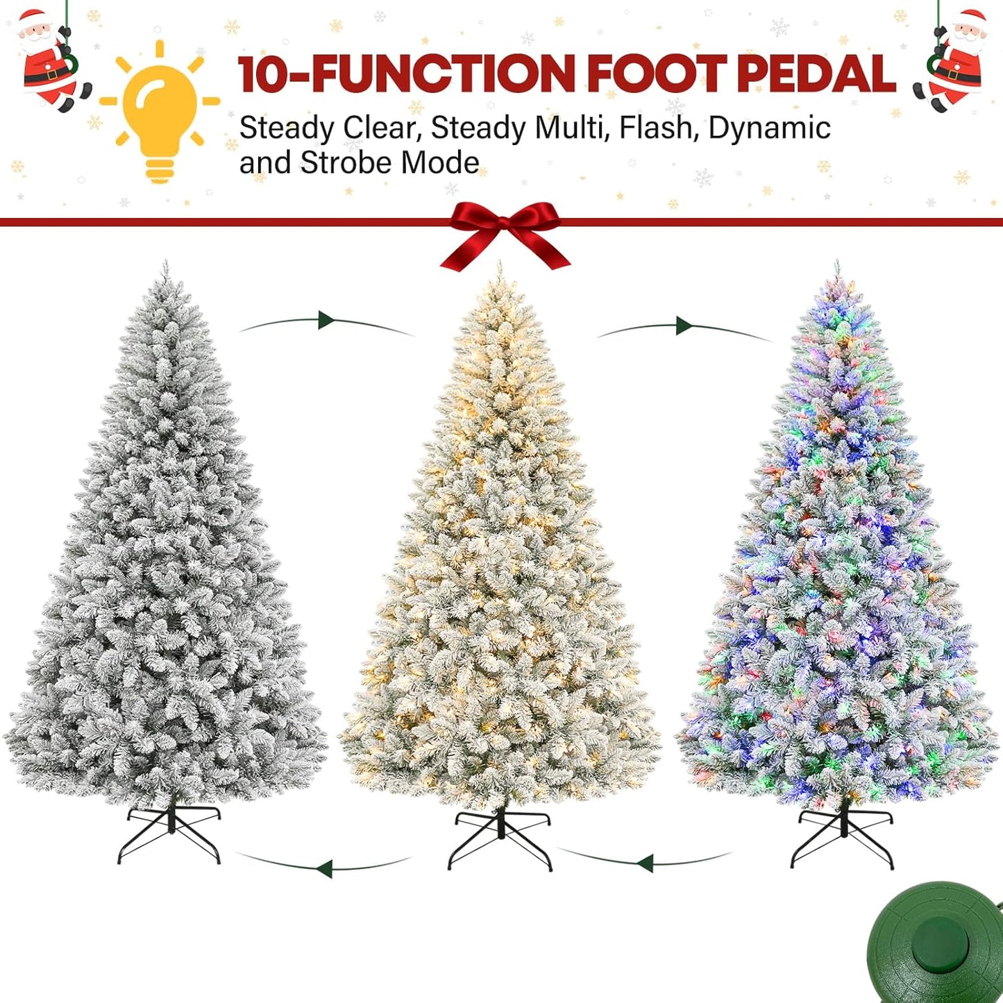6ft Lighted Artificial Christmas Tree, 250 Multicolor LED Lights, Snow Flocked Christmas Tree with 1032 PVC Tips, Metal Base & Hinged Branches for Holiday, 10 Modes