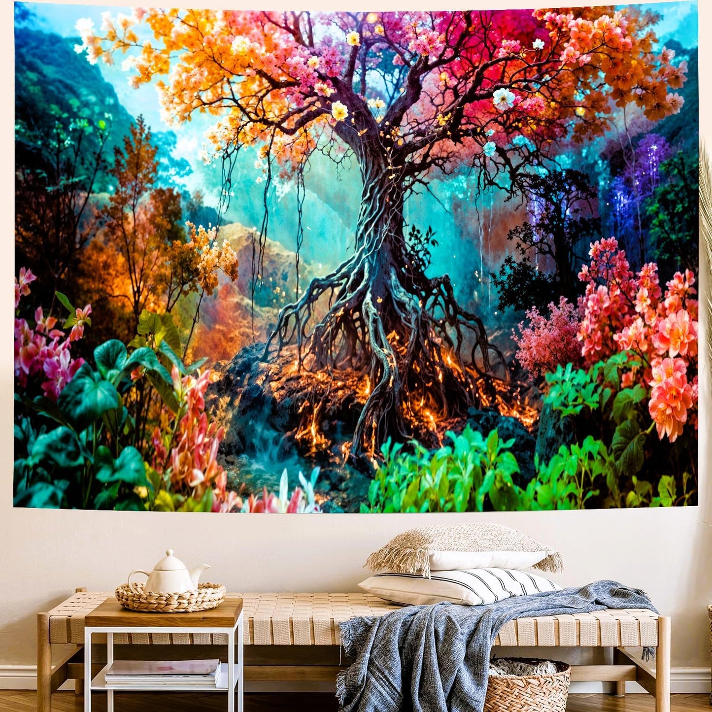 Delur Forest Tapestry Tree of Life Fantasy Tropical Rainforest Tapestry Wall Hanging Colorful Nature Mystical Landscape Psychedelic Spiritual Headboard for Bedroom Living Room Home Decor (59.1" x 78.7")