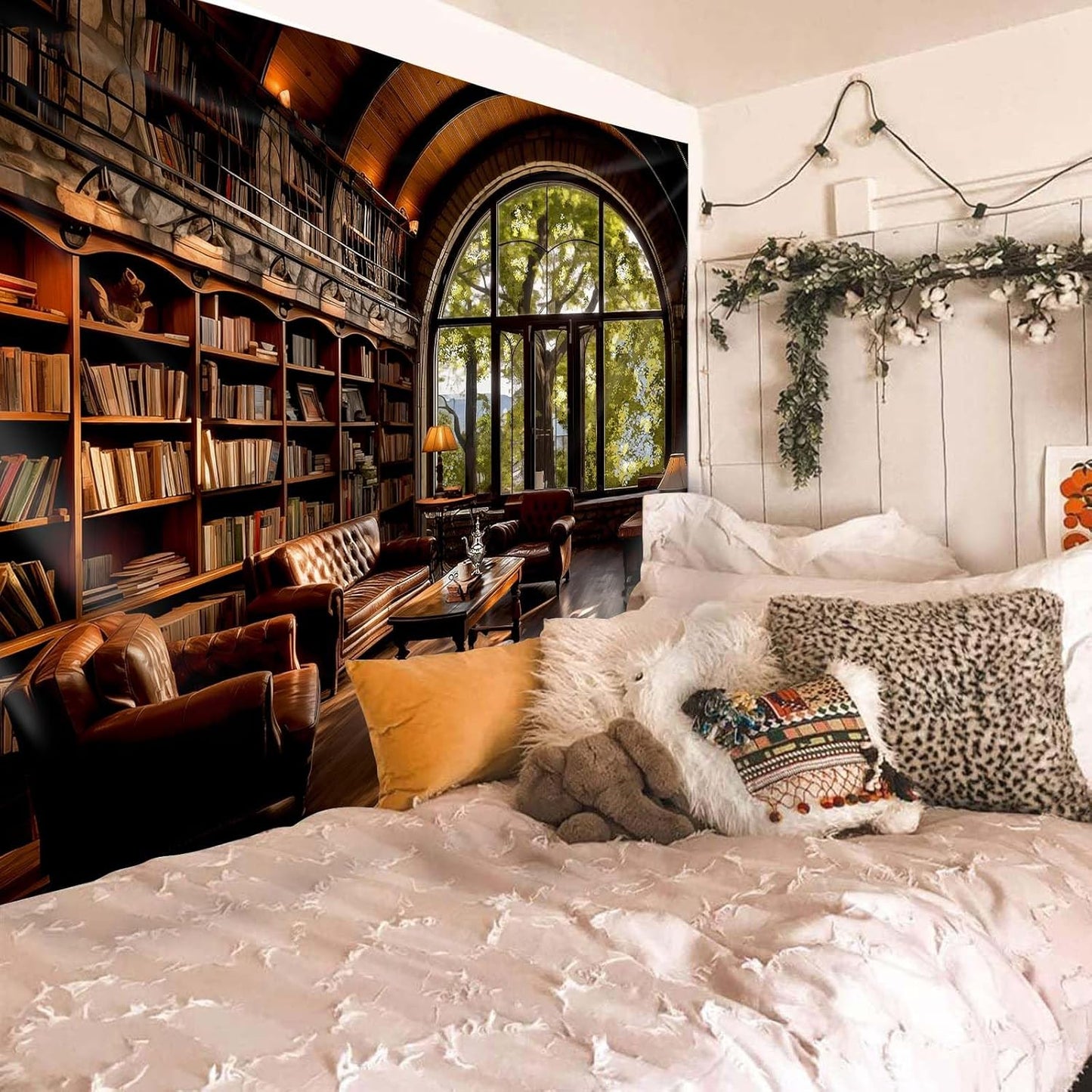 dueeia Book Library Tapestry Wall Hanging Medieval Bookshelf Vintage Window Bookcase Backdrop Wall Decor for Bedroom Aesthetic Living Room Office (78.7"x59.1")