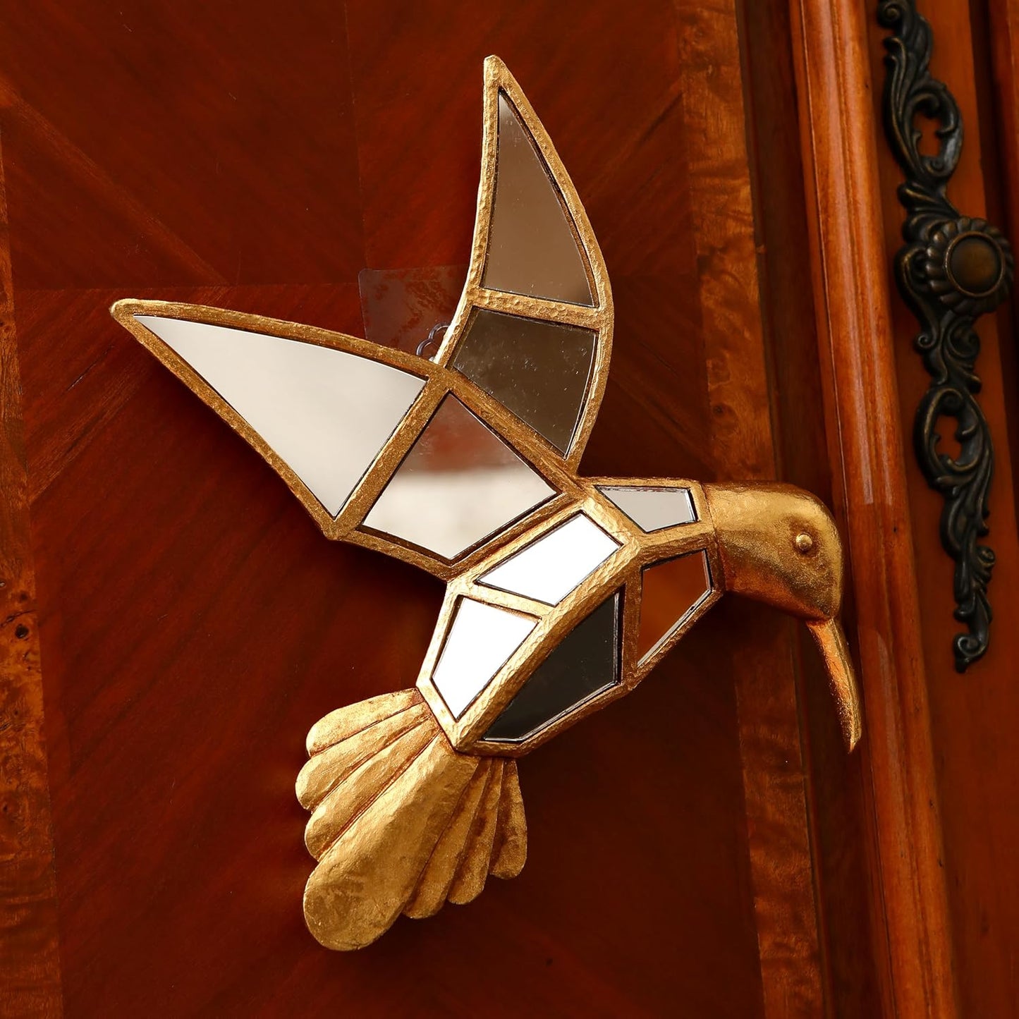 Vintage Wall Sculpture Animals Gold Bird Mirrors - Gold Resin Hummingbird and Glass Wall Decor, Perfect for Victorian and European Themed Homes