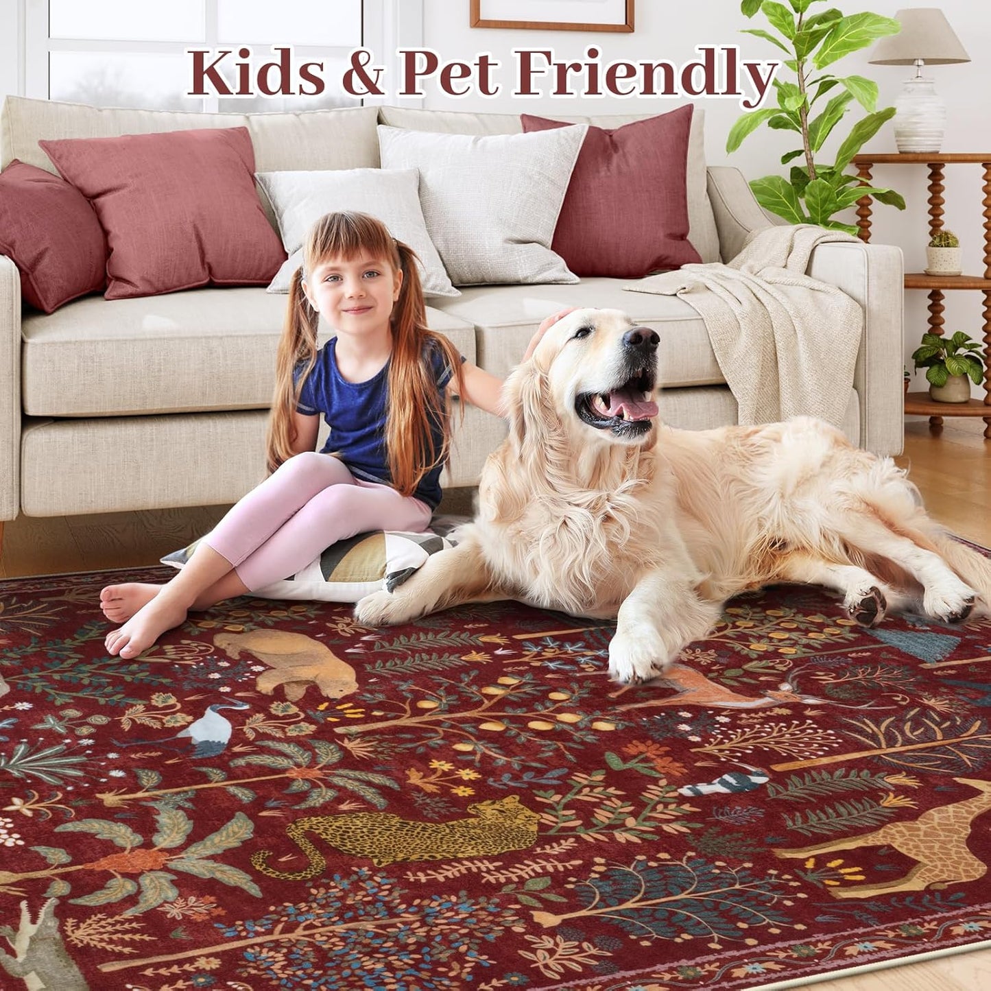 OJIA Animal Washable Rugs 8x10, Soft 8x10 Area Rugs for Living Room, Non Slip Bedroom Rug Under Bed Ultra-Thin Nursery Rug Large Carpet for Dining Room Office Playroom, Red