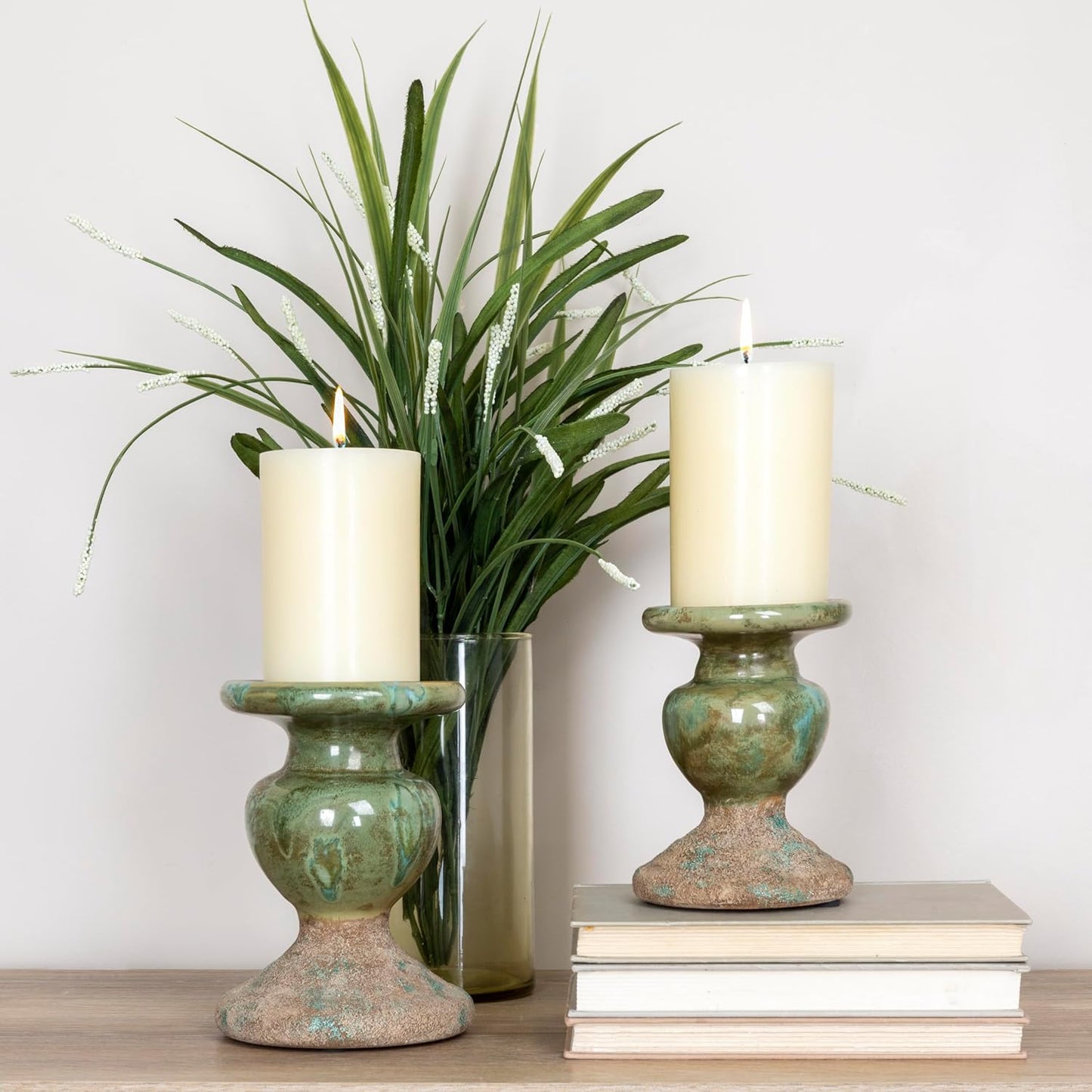 Creative Co-Op 2-Tone Sculptural Terracotta Pillar Candle Holder, Distressed Green