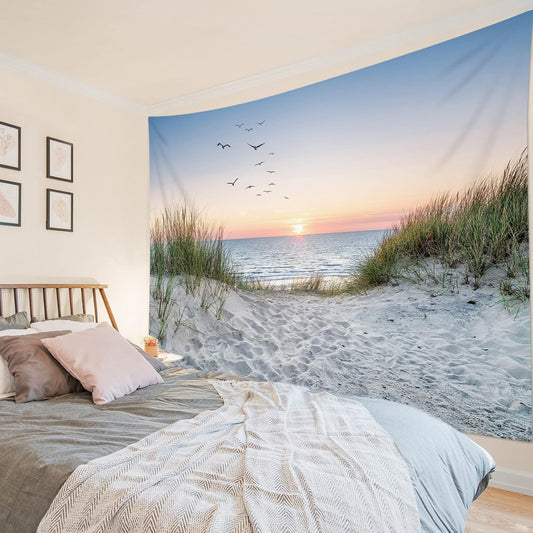 HVEST Ocean Beach Tapestry Wall Hanging, Sunset Seabird and Beach with Grass Wall Hanging Tapestry Natural Landscape Tapestry for Bedroom Living Room Dorm Decoration Wall Decor, 80x60 Inches