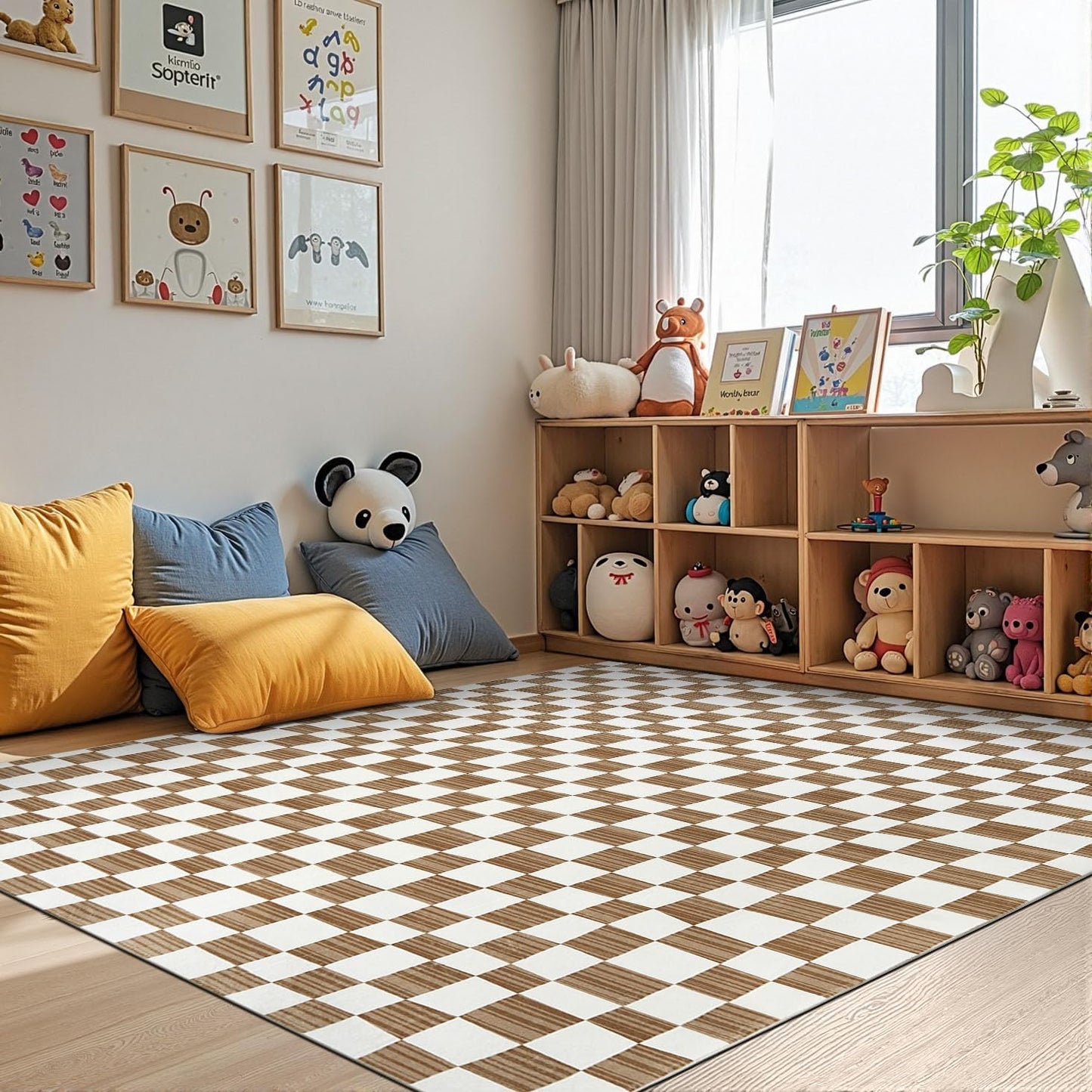 jinchan 4x6 Brown Checkered Area Rugs for Kids Room - Machine Washable Rug Modern Neutral Geometric Lattice Soft Non-Slip Carpet for Nursery Playroom Bedroom Entryway Living Room Home Office