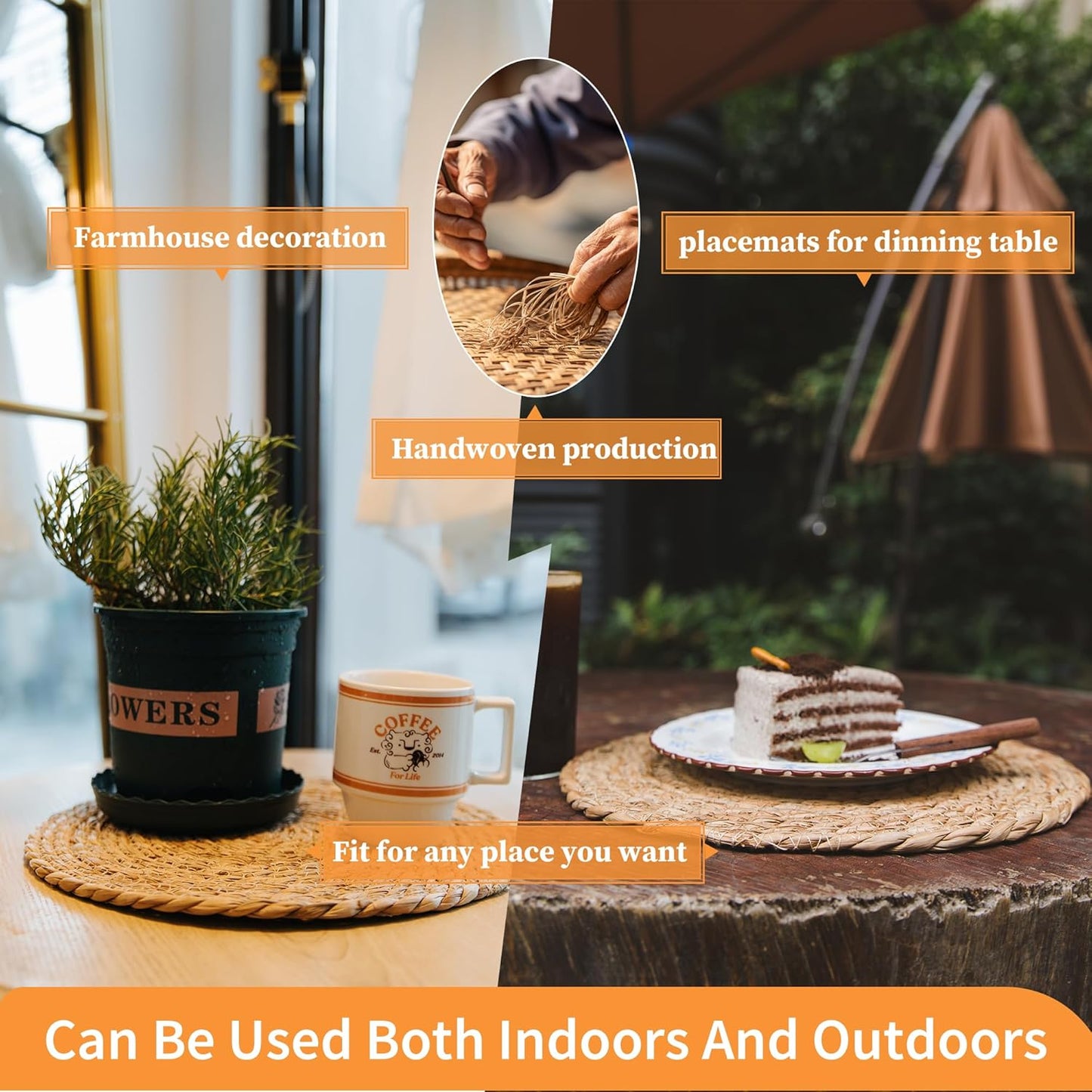 Defined Deco Woven Placemats Set of 4,13" Round Rattan Placemats,Natural Hand-Woven Water Hyacinth Placemats,Farmhouse Weave Place Mats,Rustic Braided Wicker Table Mats for Dining Table,Home,Wedding.