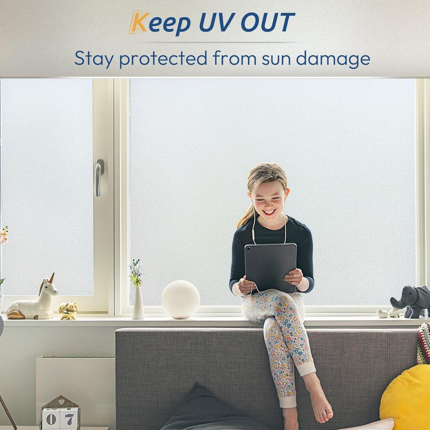 rabbitgoo Window Privacy Film, Frosted Glass Window Clings, Static Cling UV Heat Blocking Door Stickers for Home Bathroom, Removable Indoor Decal Coverings Day and Night, Pure, 11.8 x 118.1 Inches