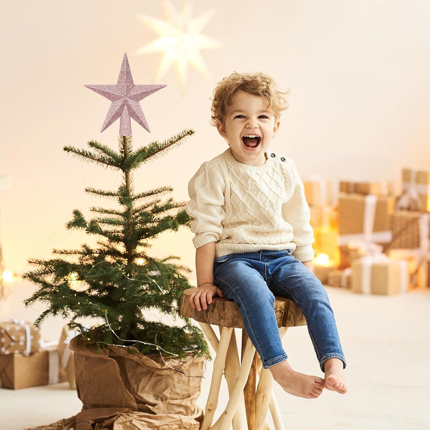 1PCS Tree Topper Star, 4" Rose Gold Christmas Tree Topper Decorations, 3D Glitter Mini Bethlehem Star Shatterproof Tree Decor, Waterproof Xmas Tree Topper for Holiday Home Indoor/Outdoor Ornament