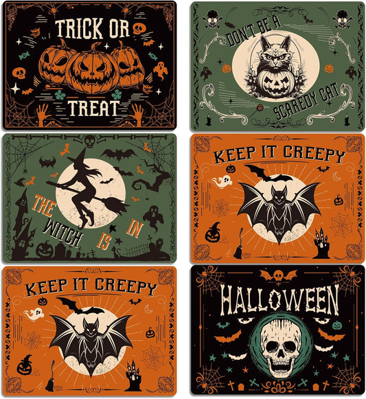 Halloween Placemats Set of 6 Gothic Bat Plastic Table Mats Pumpkin Witch Skull Ghost Halloween Place Mats Washable Vinyl Rustic Table Decoration for Indoor Outdoor Party Kitchen Dining