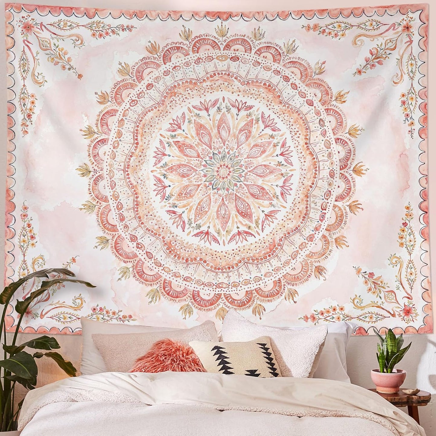 Fowocu Boho Floral Mandala Tapestry Wall Hanging Pink Bohemian Flower Medallion Tapestry Aesthetic Watercolor Hippie Indian Large Tapestries for Bedroom Living Room Dorm Decor 80 x 60 Inch