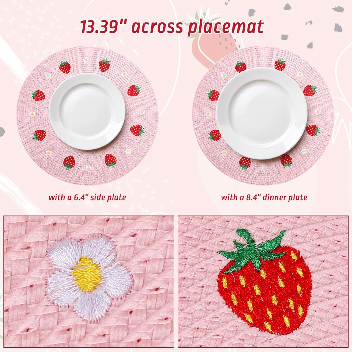 Whaline 4Pcs Round Placemats Daisy Strawberry Embroidered Place Mats Summer Strawberry Dinner Table Mats for Home Wedding Baby Shower Birthday Party Decor