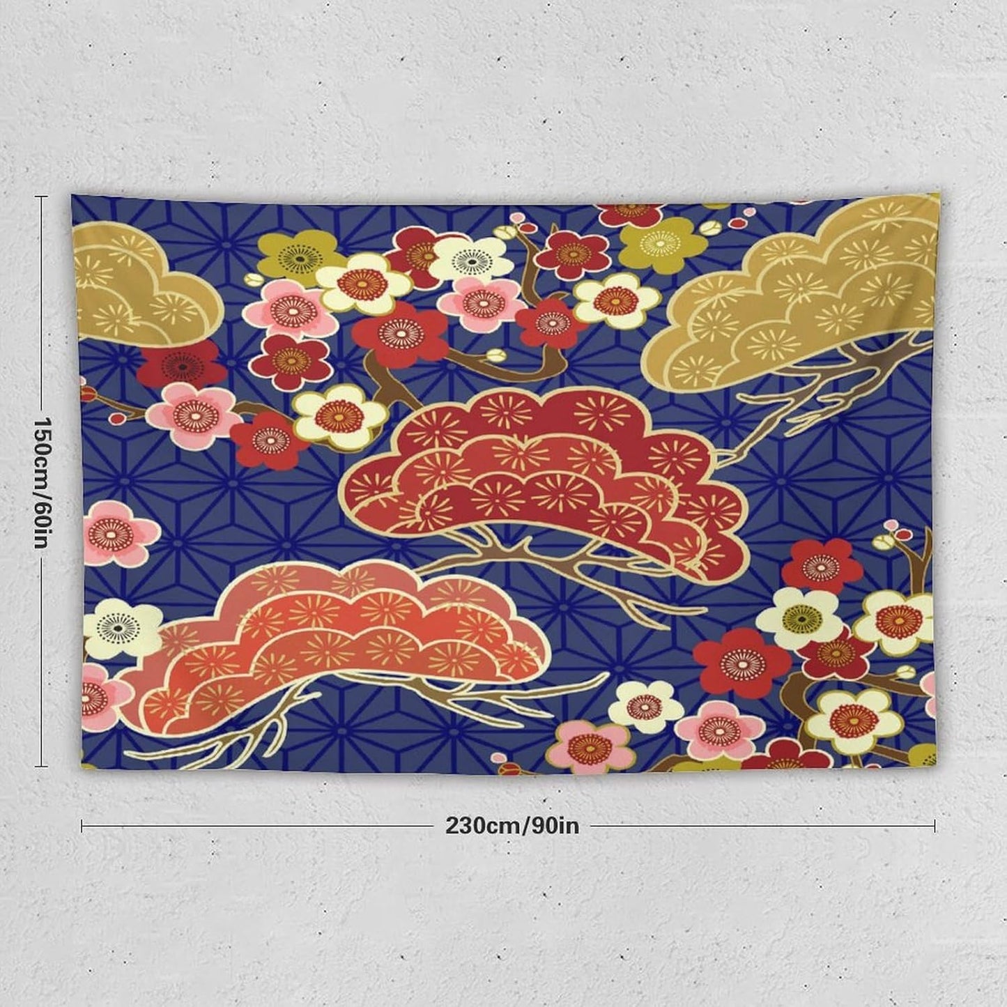HZOHNAGO Japanese Tapestry Art Abstract Colorful Cherry Blossom Blue Background Pattern Printed Wall Tapestry Painting Wall Hanging for Bedroom Living Room Dorm 90" W x 60" H