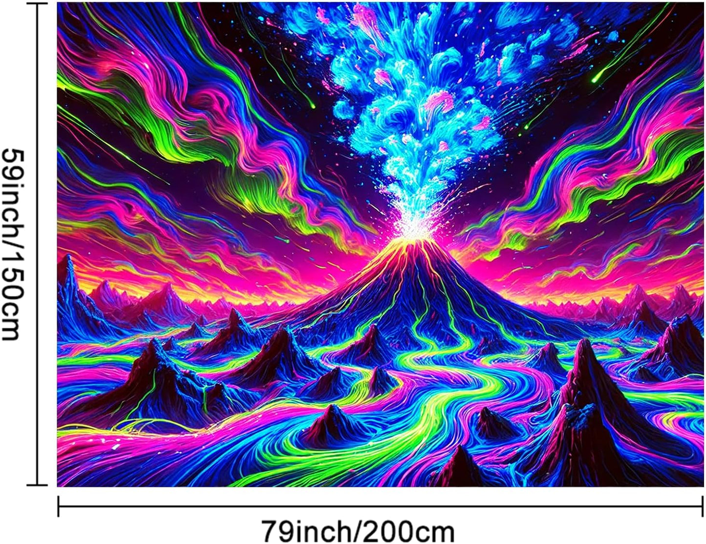 BlissYard Erupting Volcano Stream UV Black Light Tapestry 78x59 Inches Art Color Neon Light Background Bedroom Living Room Wall Party Decoration Psychedelic Lava Mountain Sky Flow Fantasy Scene