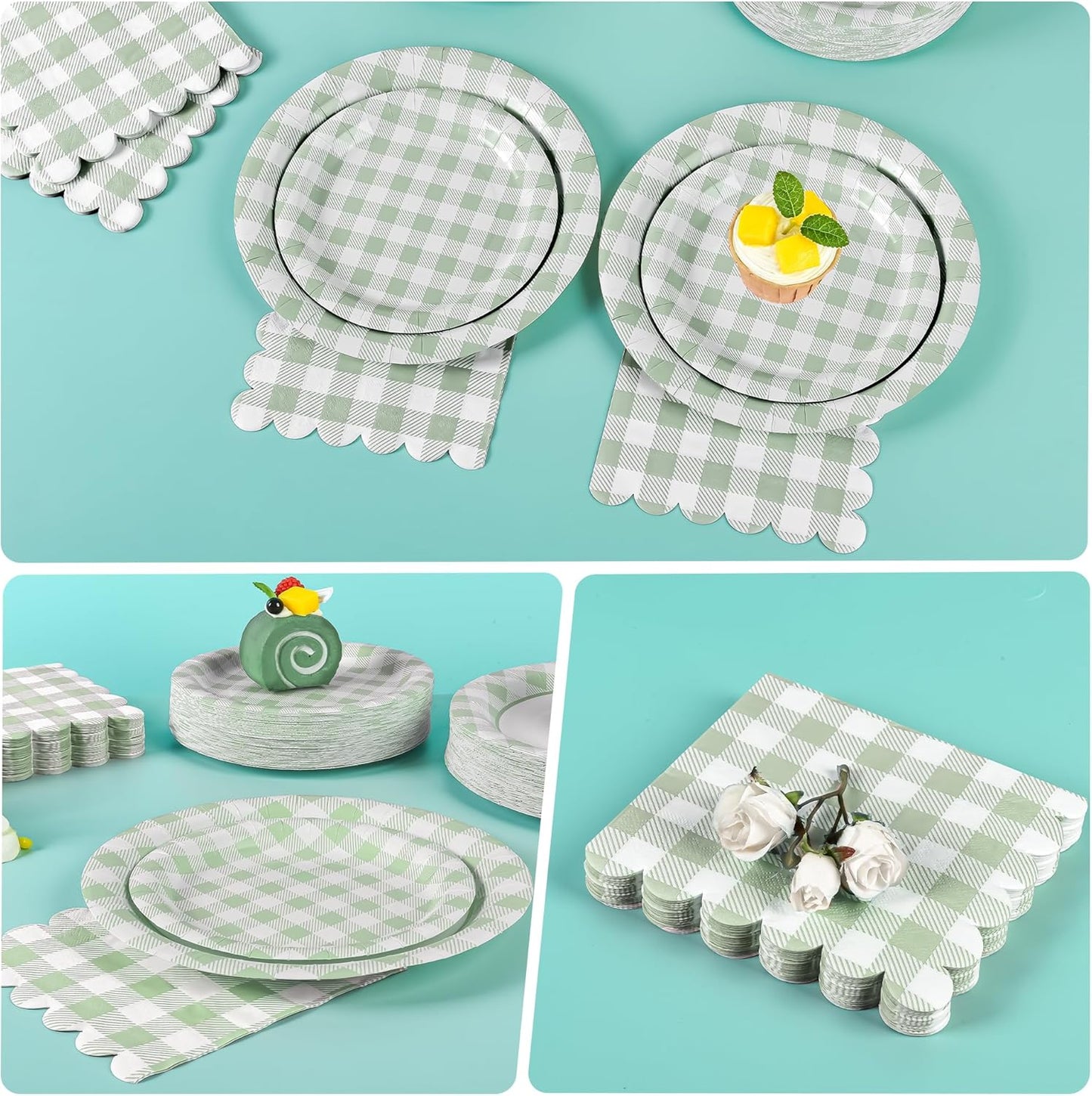 200Pcs Sage Green Gingham Party Supplies Gingham Paper Plates and Napkins Cups Sage Plaid Plates Disposable Green and White Plaid Party Decor for Birthday Family Picnic BBQ,Serves 50 Guests