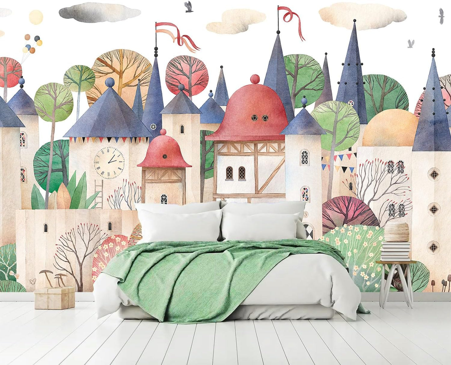 AFZEVEB-Cartoon Watercolor House Nursery Wallpaper Wall murals for Kids Room 114"x74" (Not Peel and Stick)