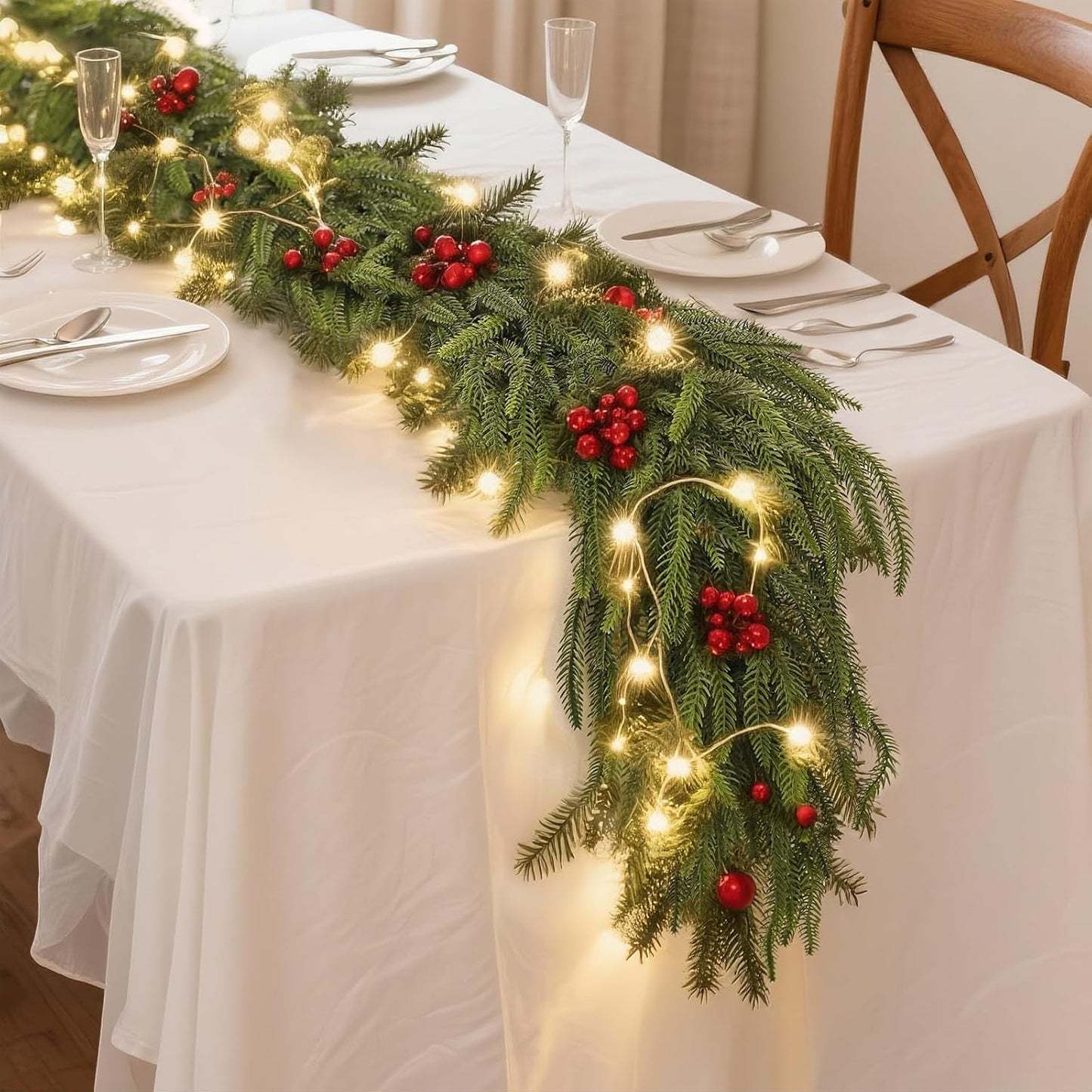 6FT Christmas Norfolk Pine Garland -2PCS, Artificial Pine Needles Garlands Faux Greenery Fake Garland for Holiday Fireplace,Table,Window,Stairs,Mante,Indoor Outdoor Decor